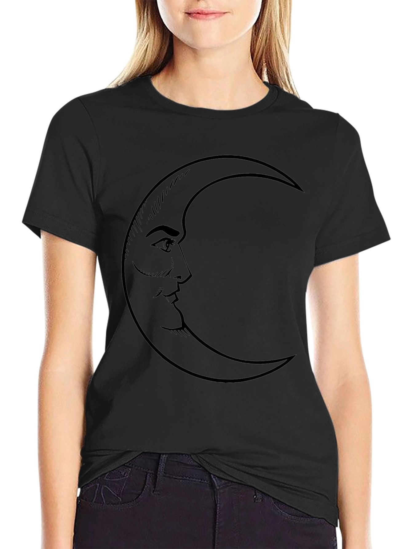 Black Moon Face Graphic Tee - Soft Black Cotton Blend view 2
