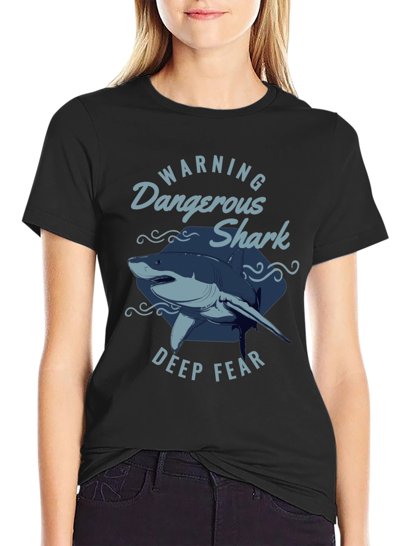 Black Dangerous Shark Graphic Print Black T-Shirt view 2