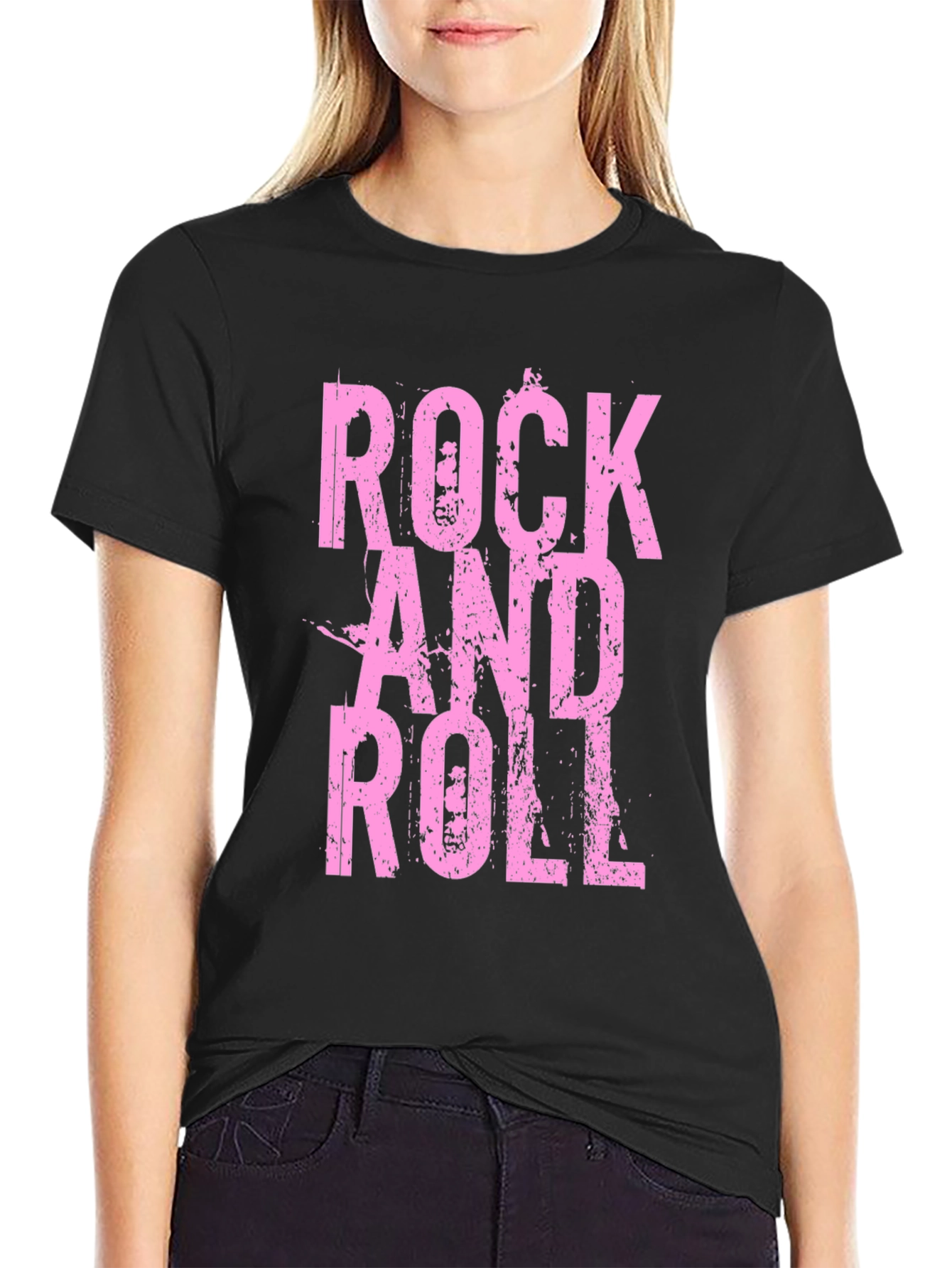 Black Rock and Roll Pink Print Black T-Shirt view 2