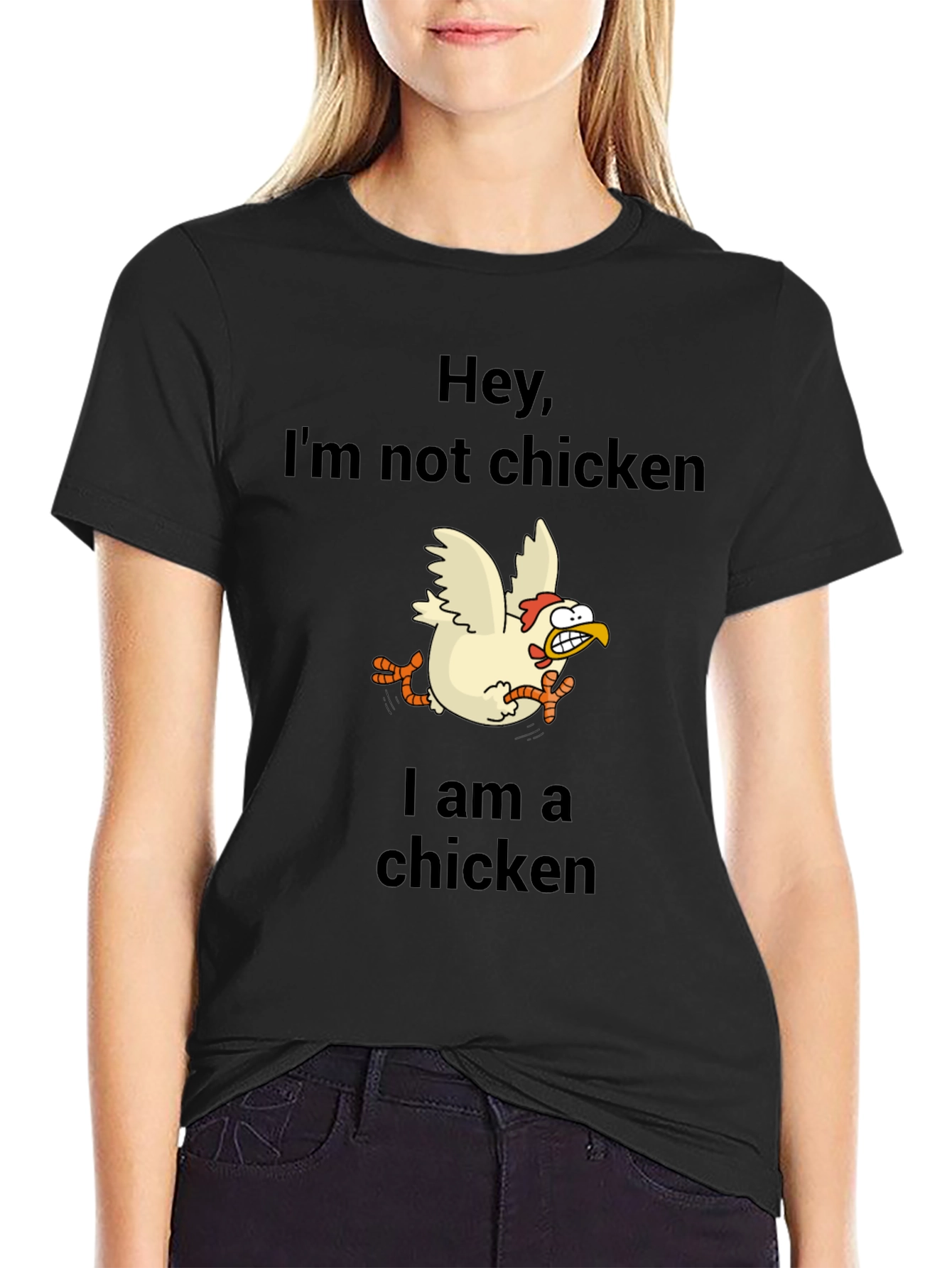 Black Funny Chicken Graphic Tee - Hey, I'm Not Chicken T-Shirt view 2