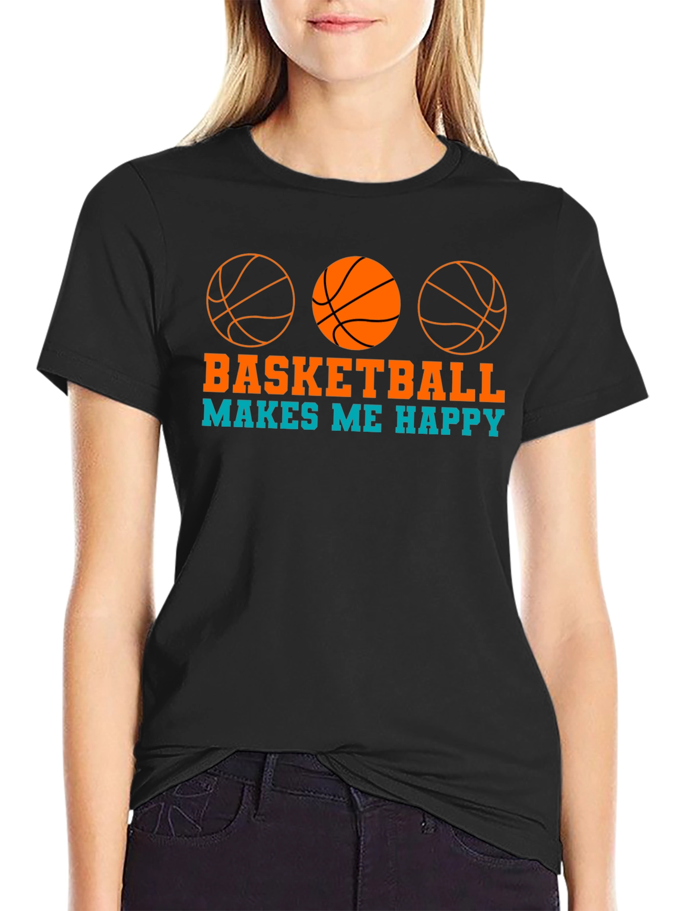 Black Basketball Makes Me Happy Graphic T-Shirt view 2