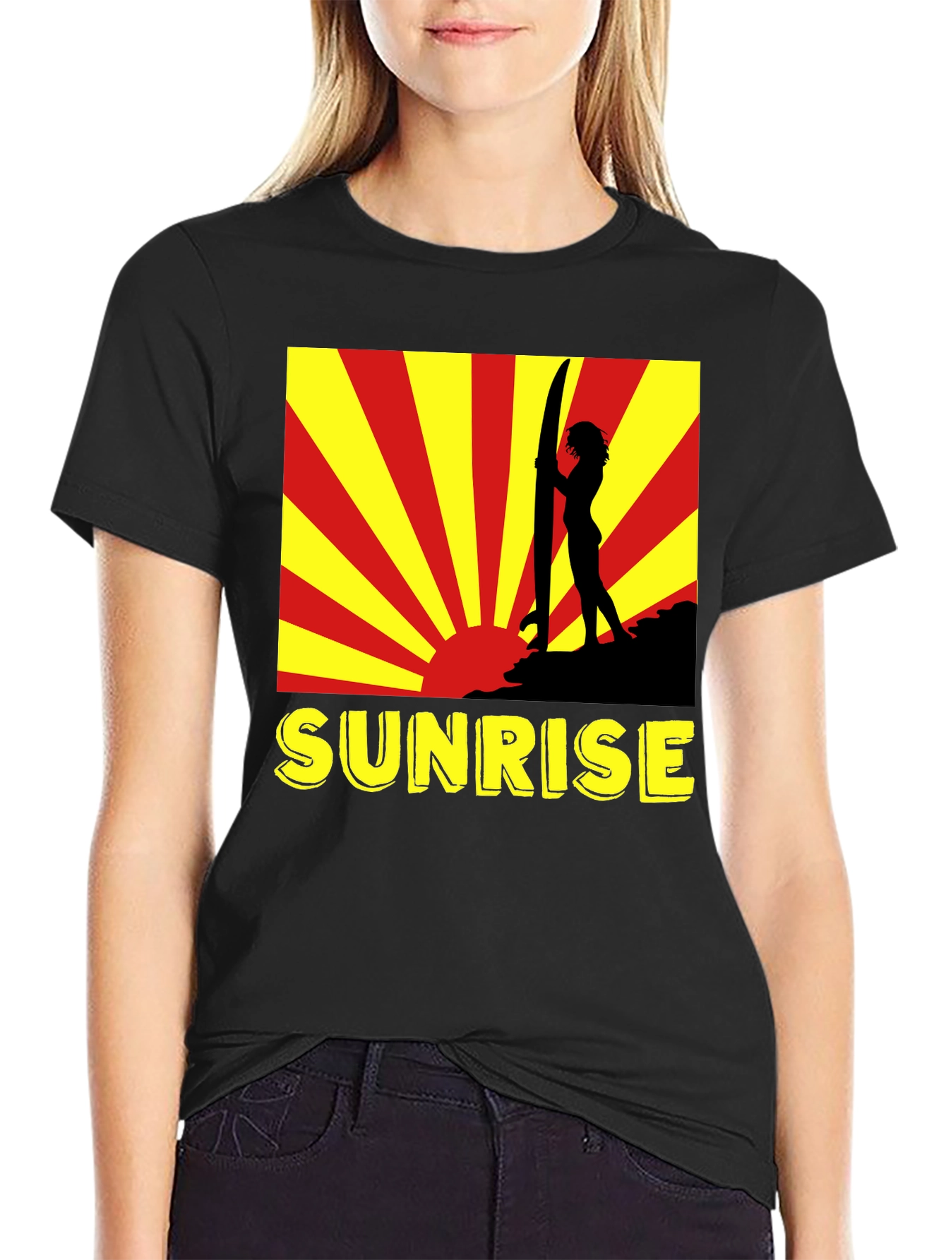 Black Sunrise Surfer Graphic Tee - Black Cotton T-Shirt view 2
