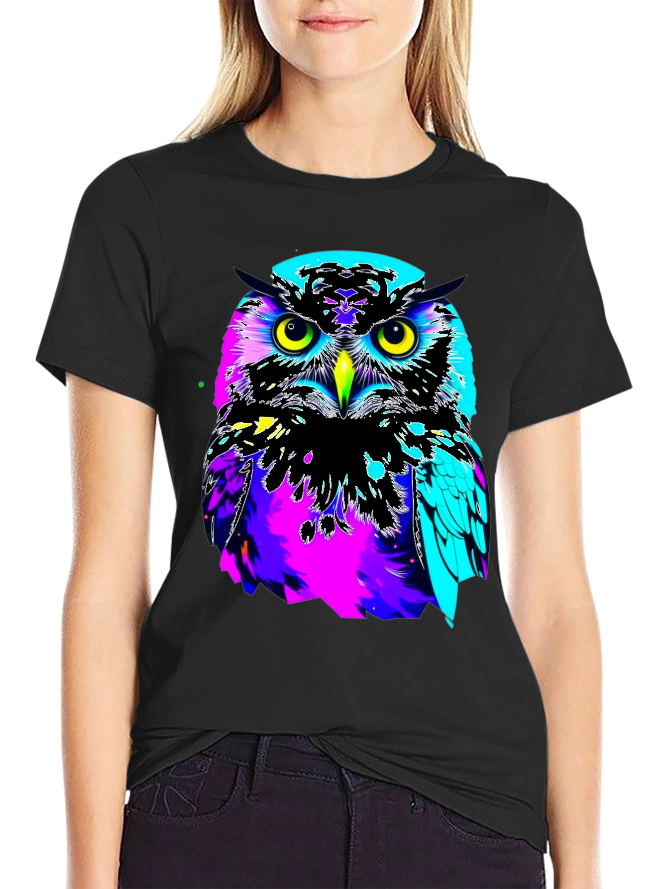Black Vibrant Owl Graphic Black T-Shirt view 2