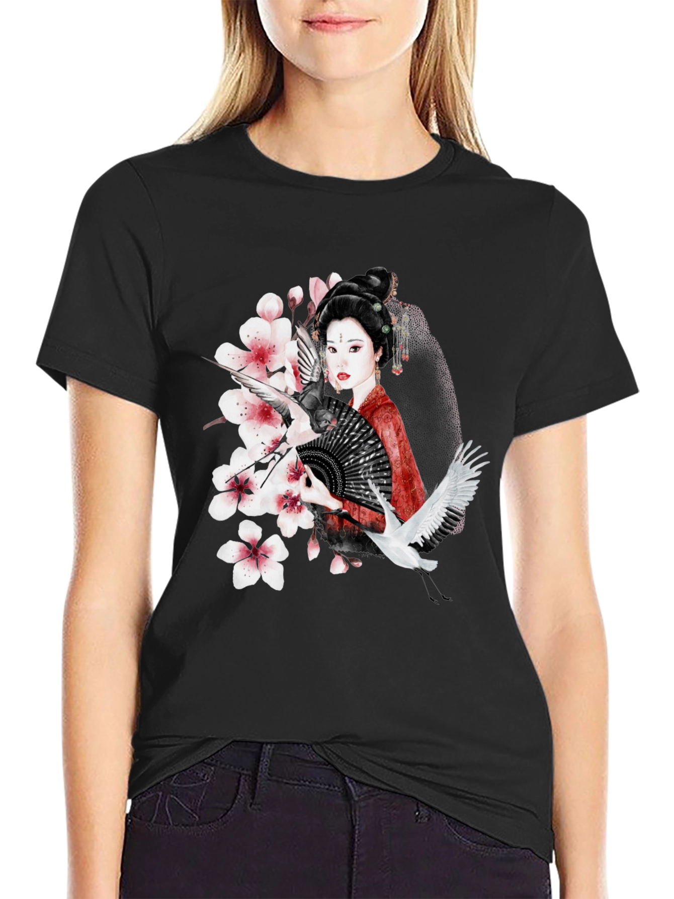 Black Asian Geisha Crane T-Shirt - Stylish Graphic Tee view 2