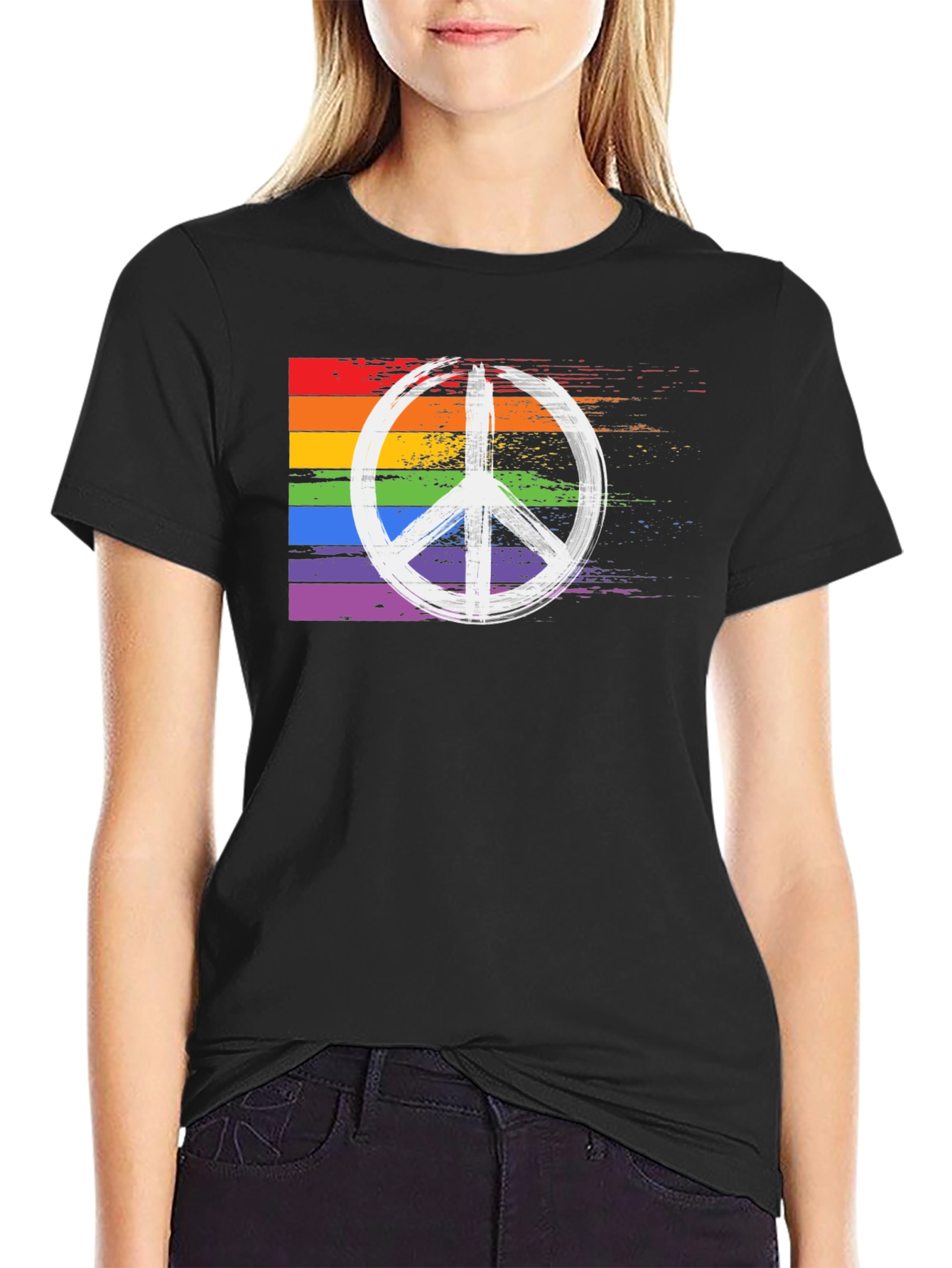 Black Rainbow Peace Sign T-Shirt - Black Cotton Blend view 2