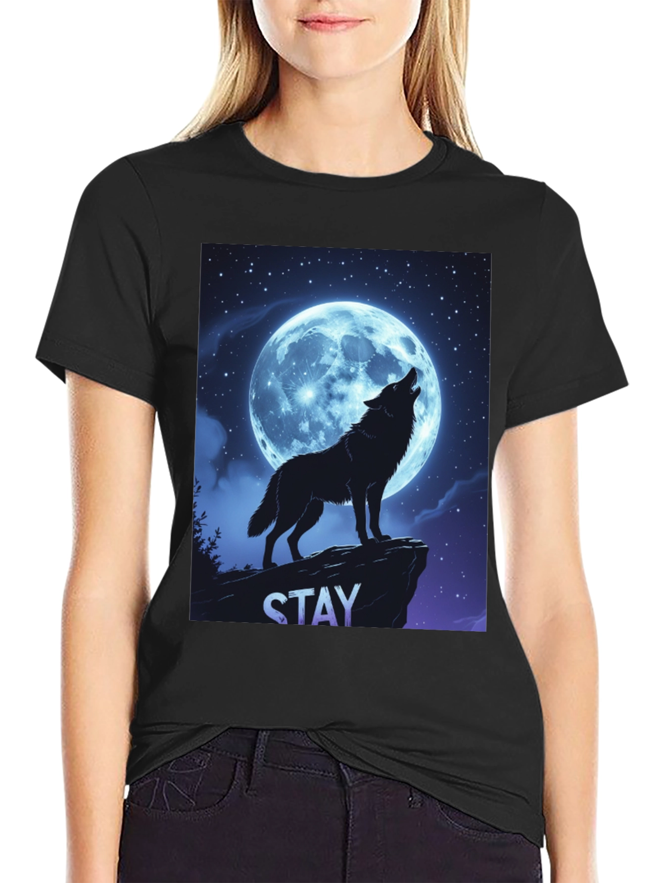 Black Wolf Howling Moon T-Shirt - Stay Wild Graphic Tee view 2