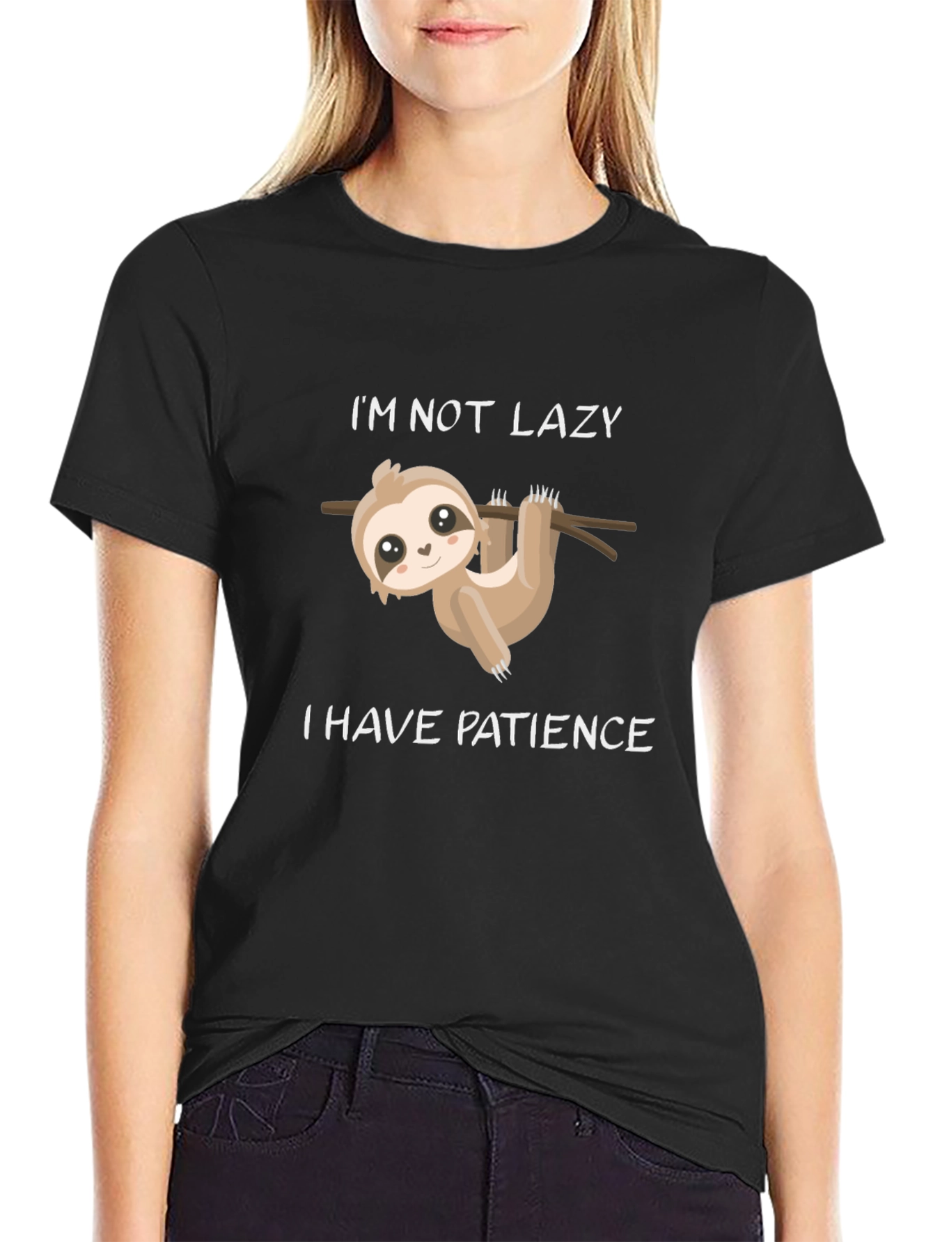 Black Patience Sloth T-Shirt - Funny Lazy Humor Tee view 2