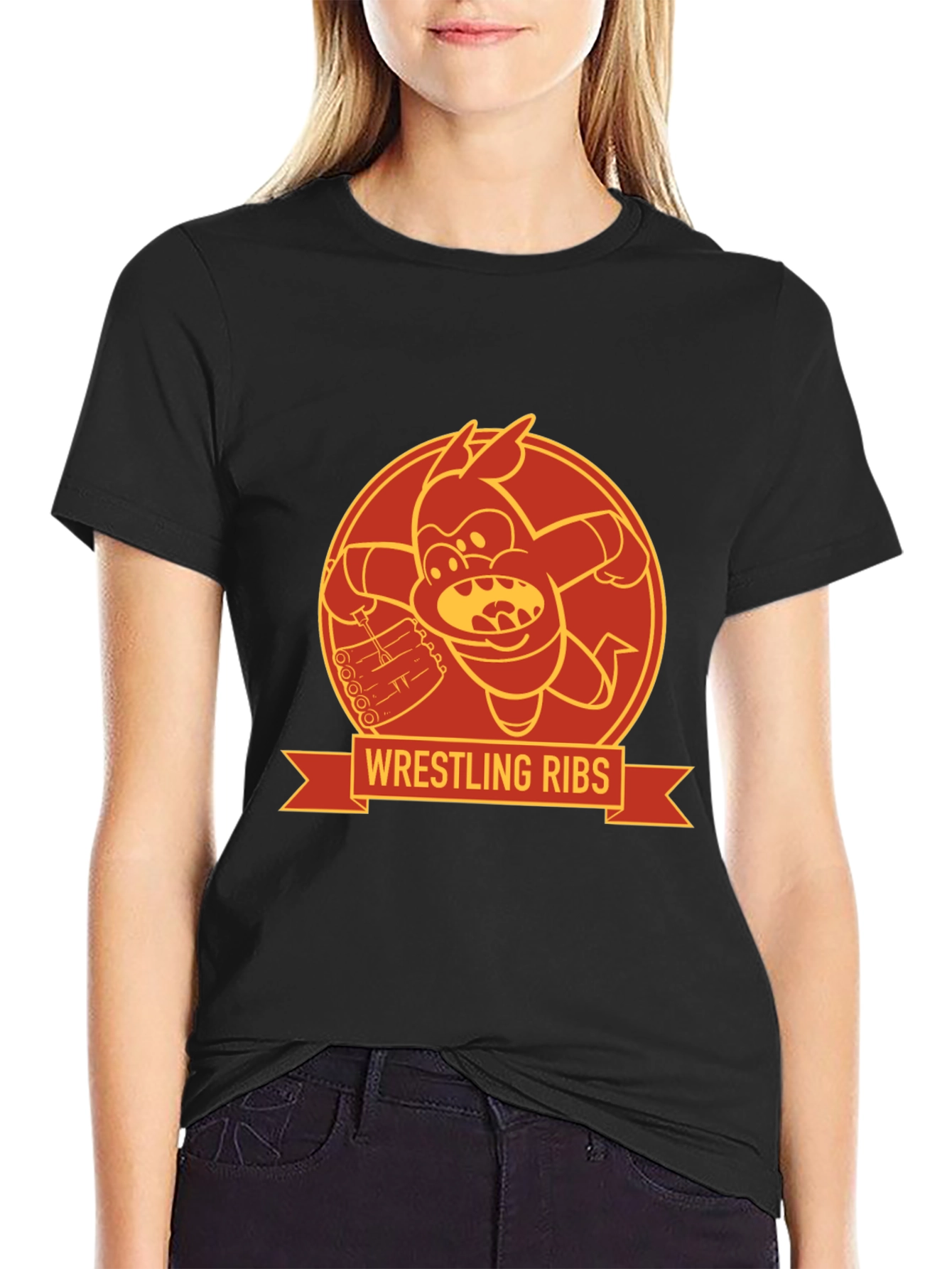 Black Wrestling Ribs Funny Cartoon Graphic Tee view 2