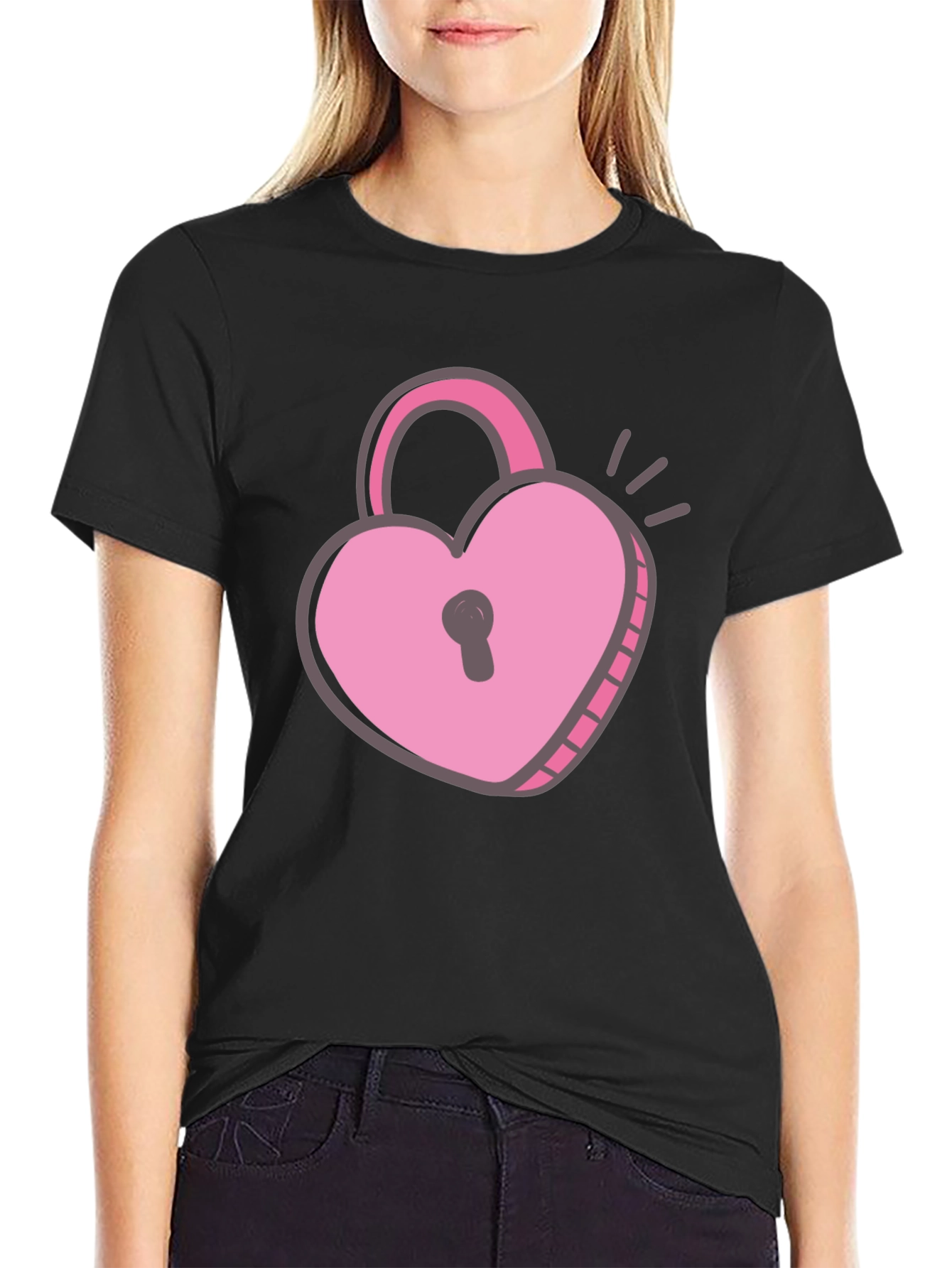 Black Heart Lock T-Shirt - Black Cotton Valentine's Day Tee view 2