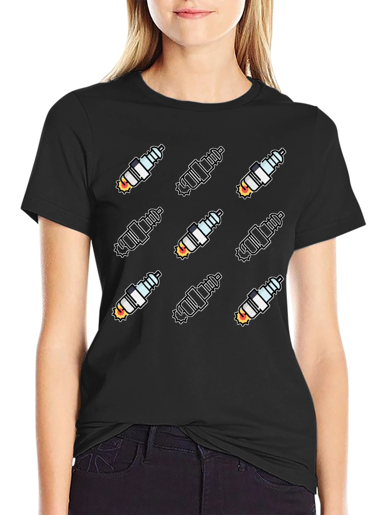 Black Spark Plug Pattern Black T-Shirt view 2