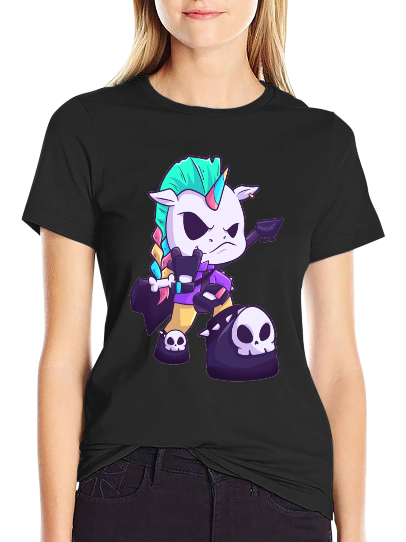 Black Edgy Unicorn Graphic Tee - Black Cotton T-Shirt view 2