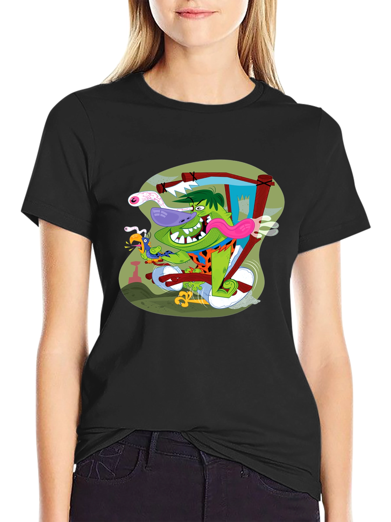 Black Cartoon Character Graphic Print Black T-Shirt view 2