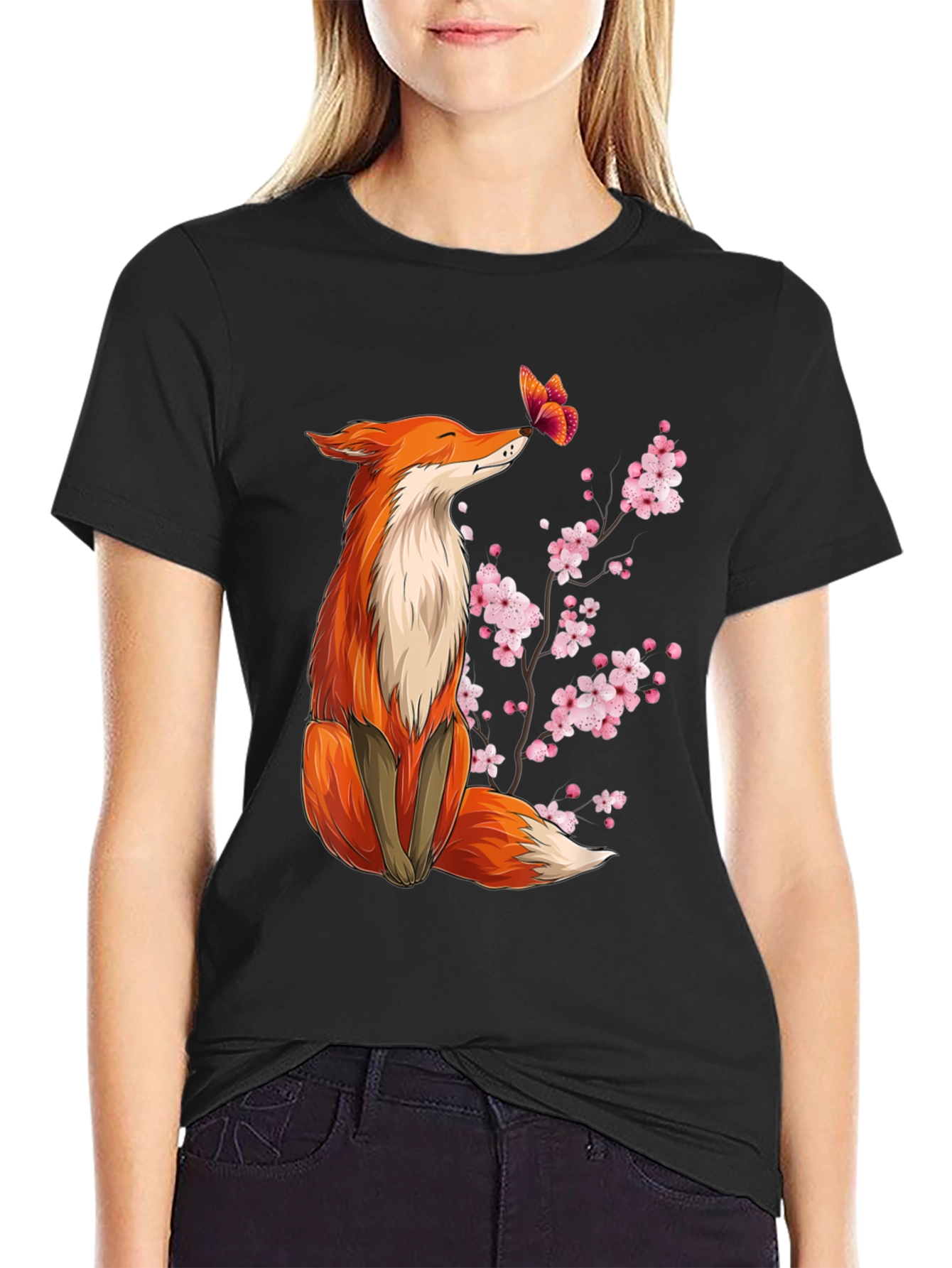 Black Fox and Butterfly Graphic Tee view 2