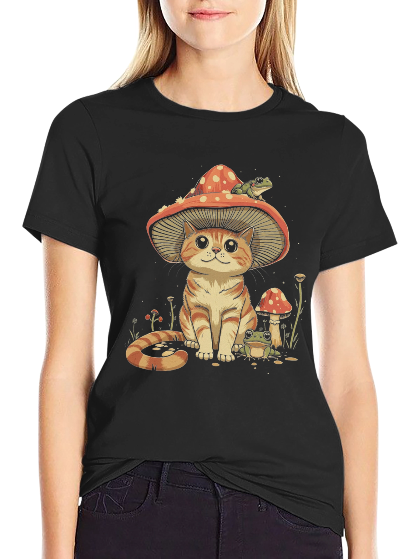 Black Mushroom Cat & Frog T-Shirt view 2