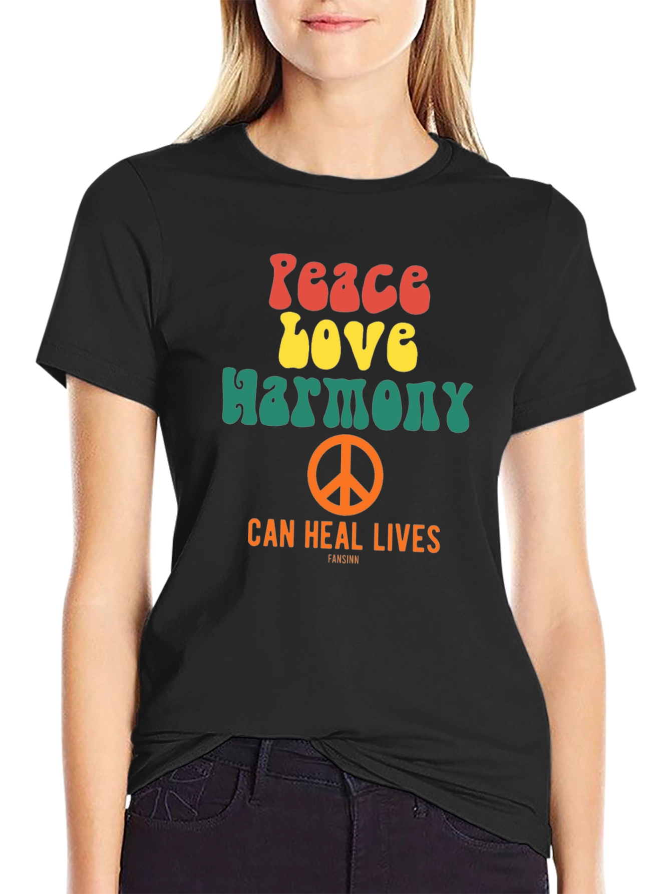 Black Peace Love Harmony Graphic T-Shirt - Retro Style Tee view 2