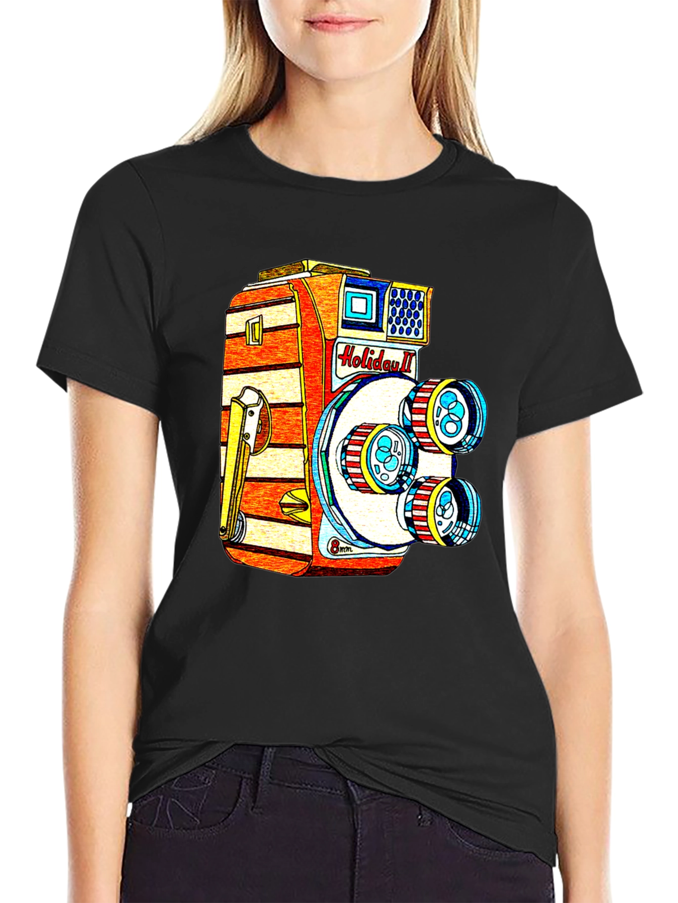 Black Retro Holiday II Camera Graphic T-Shirt view 2