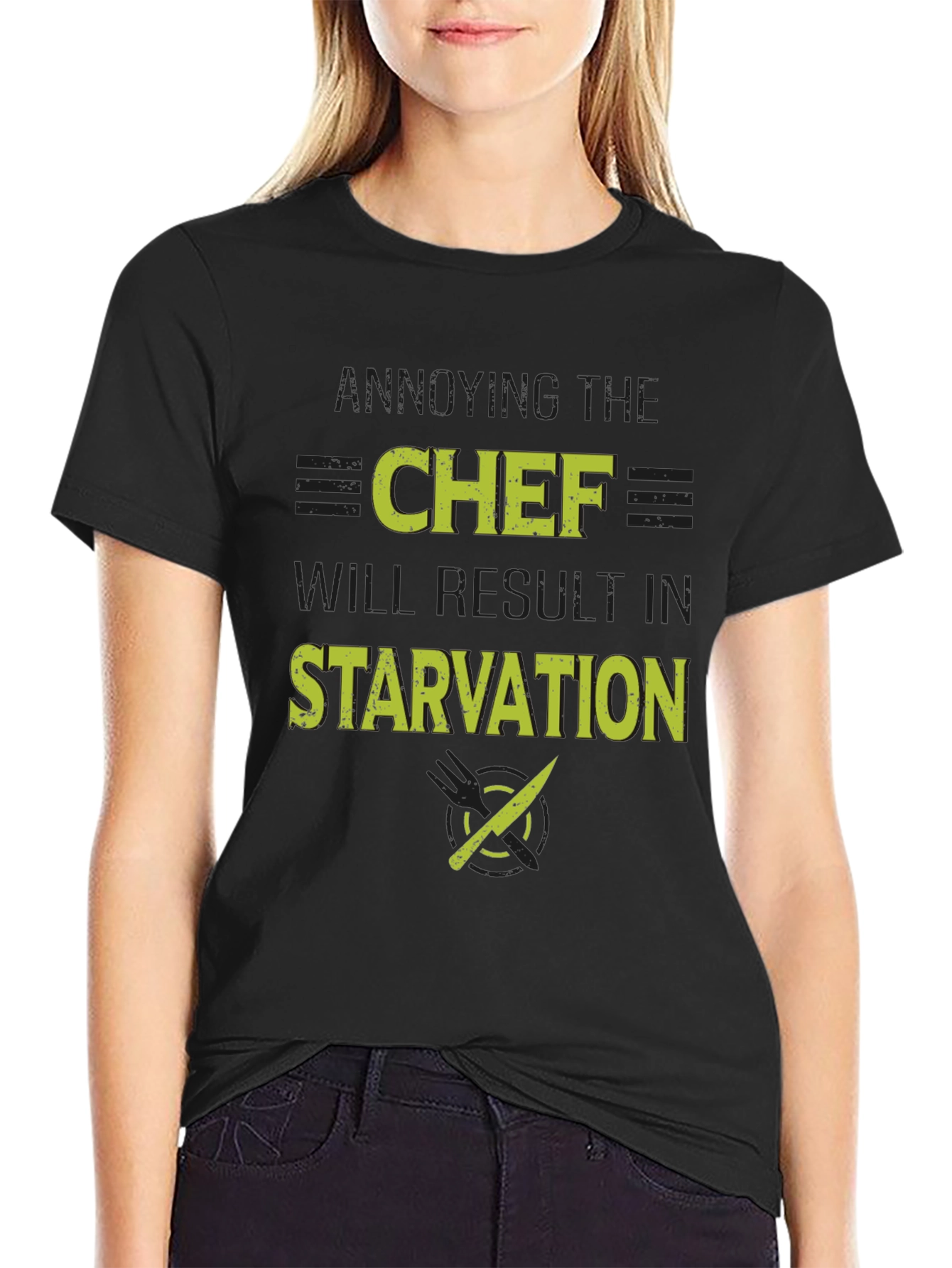 Black Funny Chef T-Shirt - Starvation Warning view 2
