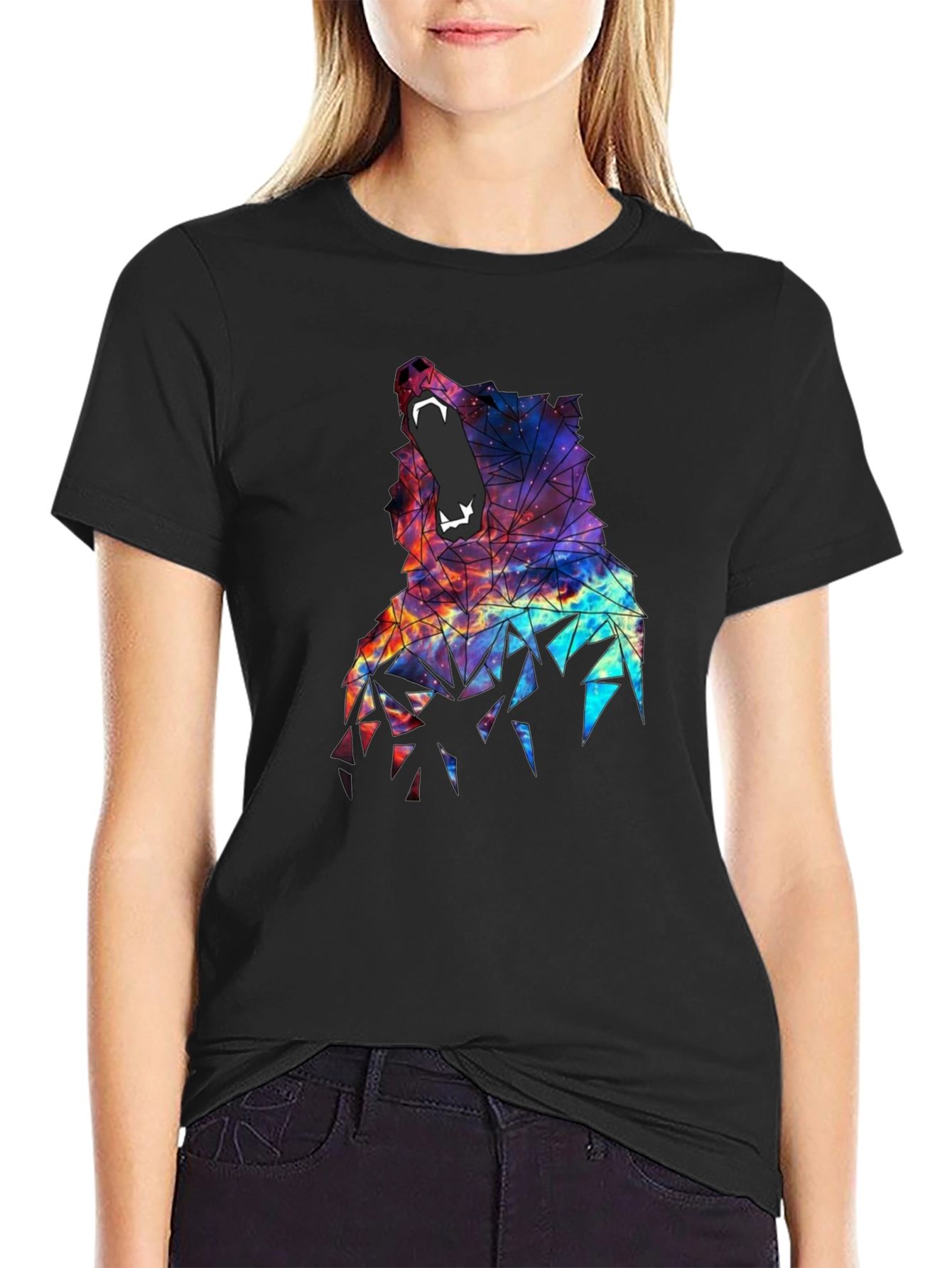 Black Geometric Wolf Galaxy T-Shirt - Unique Design view 2