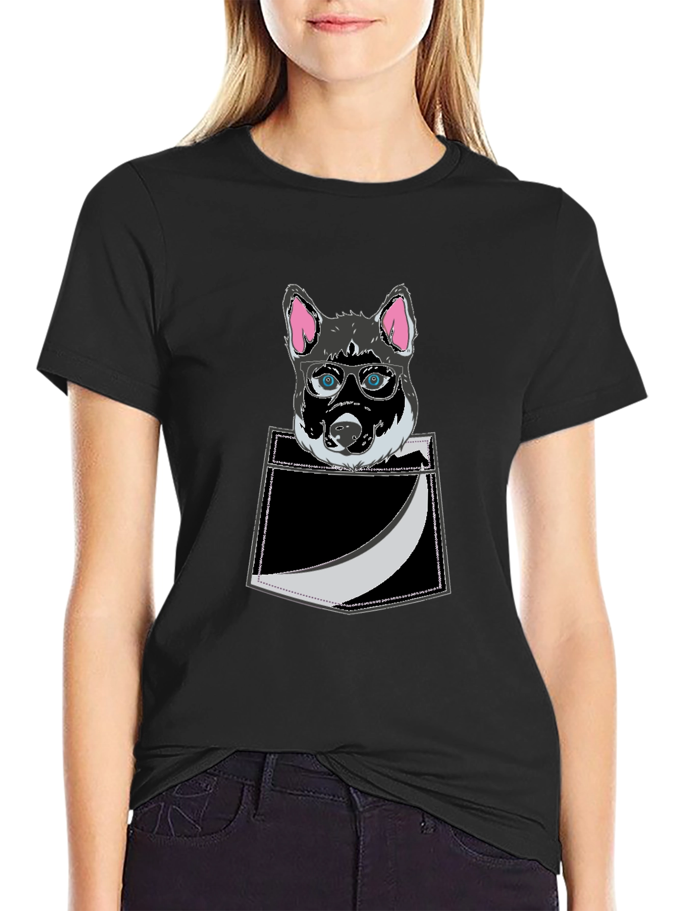 Black Cool Dog in Pocket T-Shirt - Stylish Graphic Tee view 2