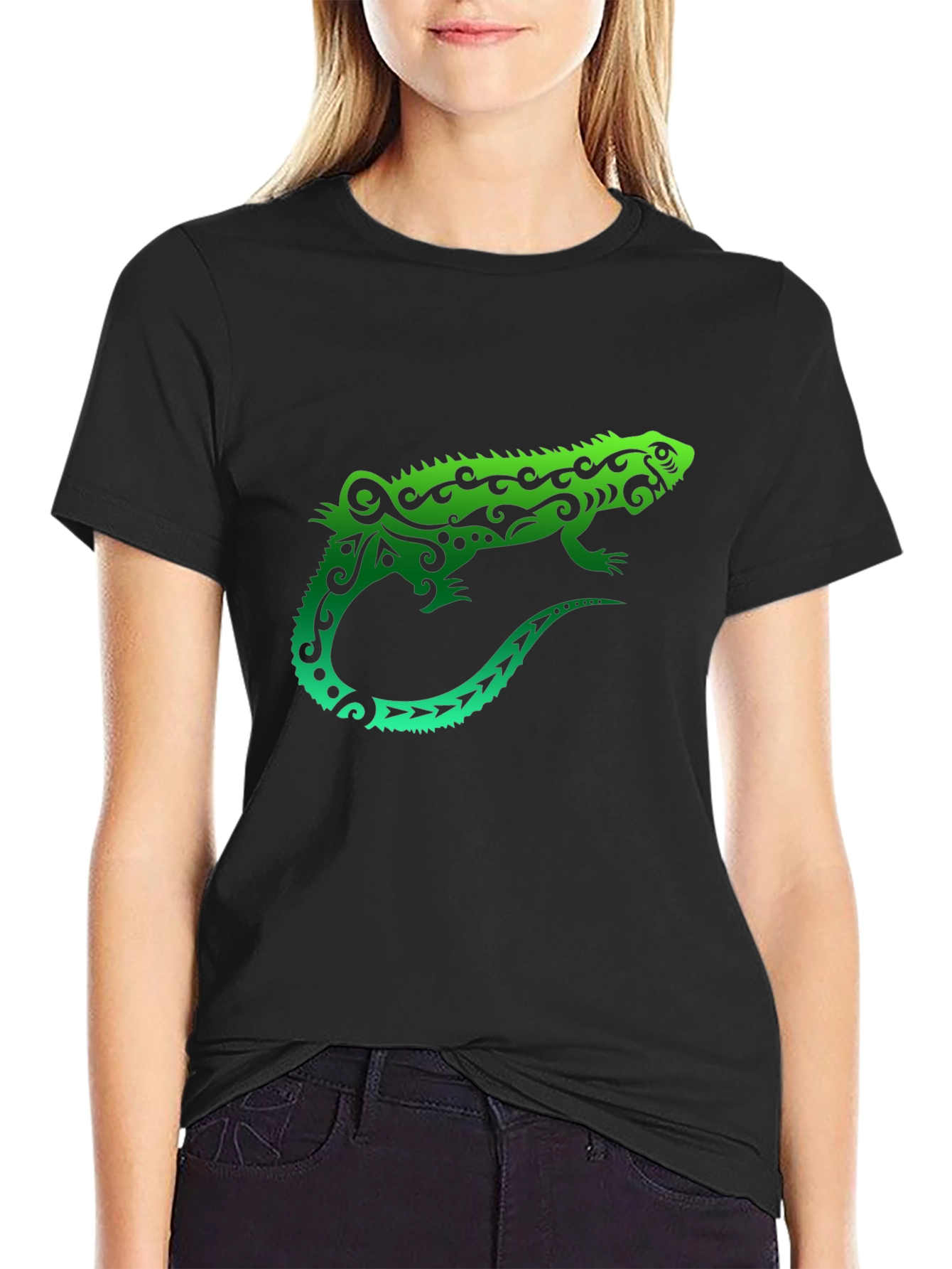 Black Tribal Iguana Black T-Shirt - Unique Design view 2
