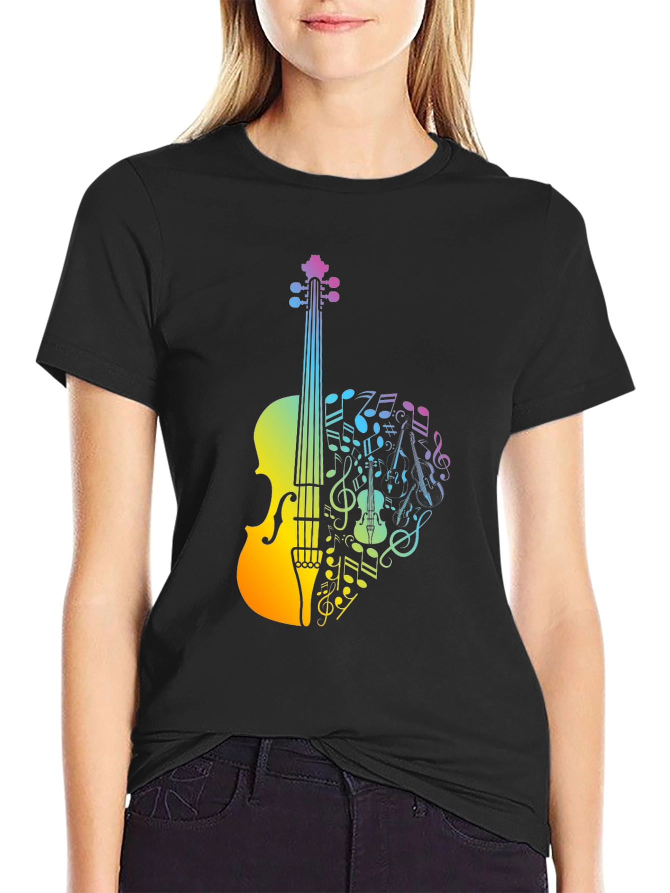 Black Musical Violin T-Shirt - Rainbow Notes Design view 2