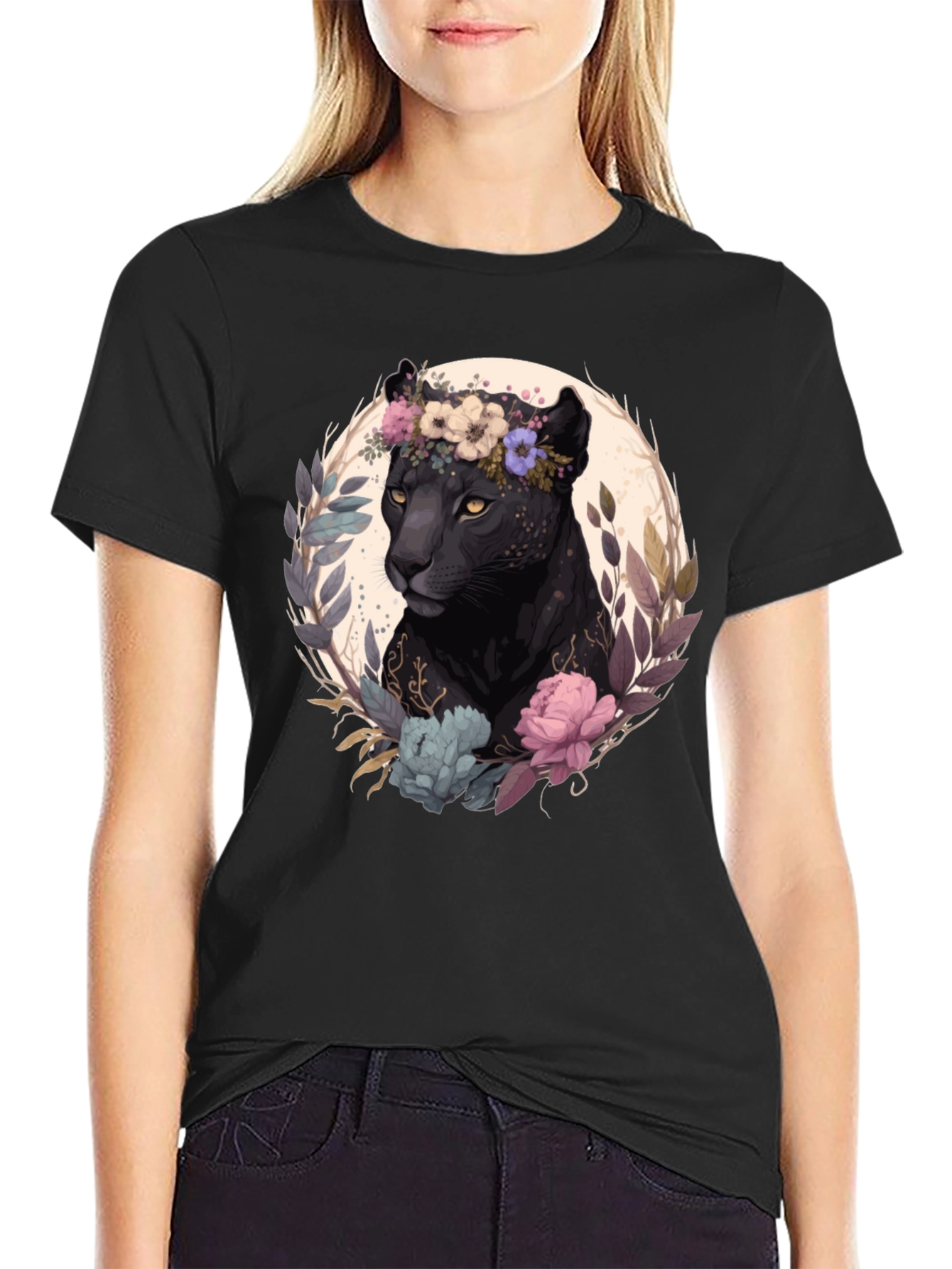 Black Black Panther Floral Wreath Graphic Tee view 2