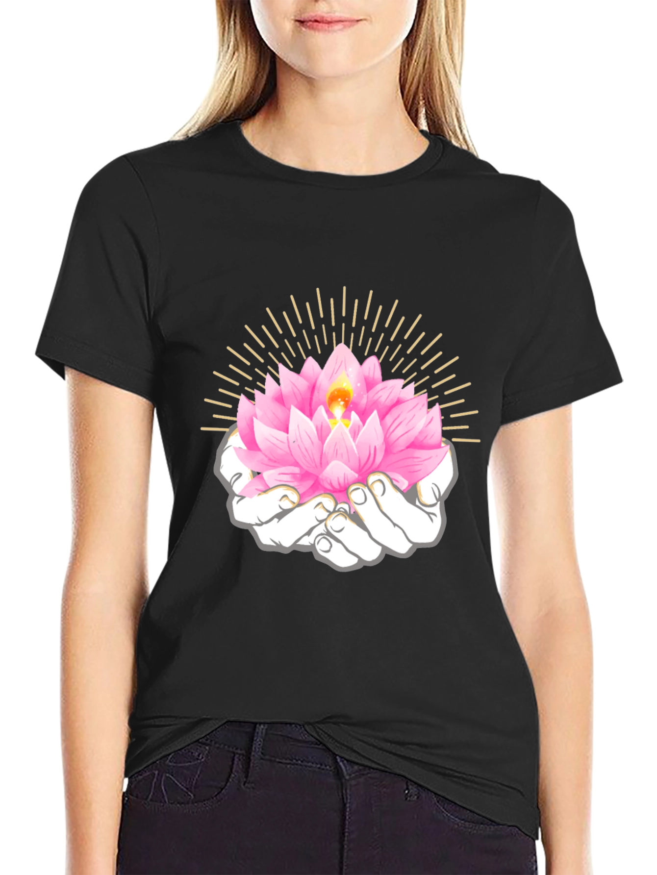 Black Lotus Flower in Hands Graphic T-Shirt view 2