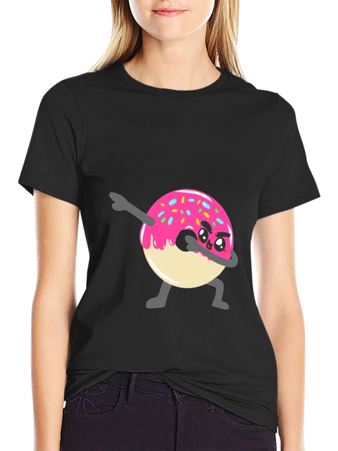 Black Dabbing Donut Graphic Tee - Funny Cartoon T-Shirt view 2