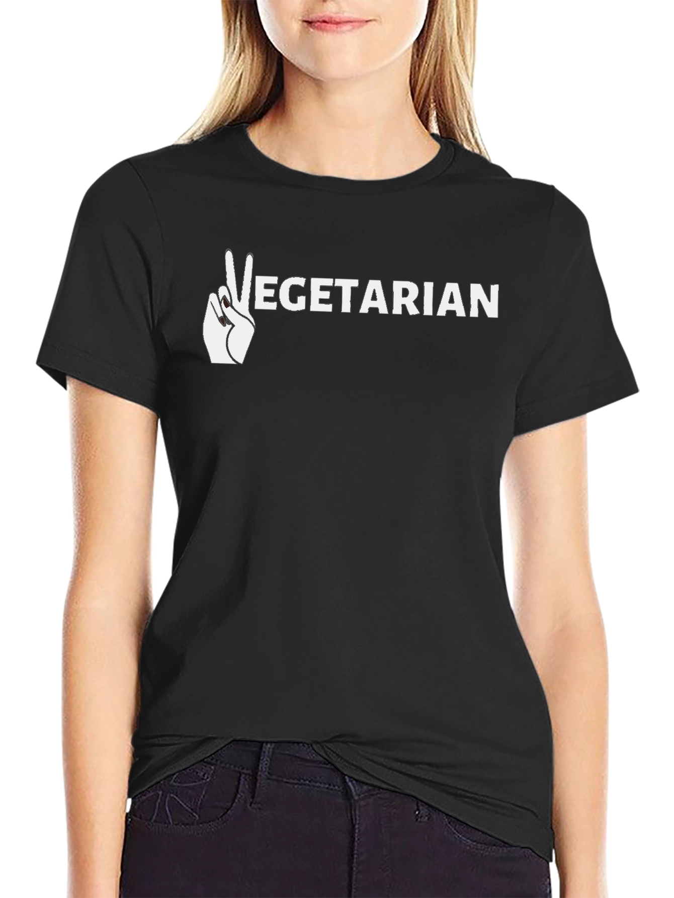 Black Vegetarian Peace Sign Graphic T-Shirt view 2