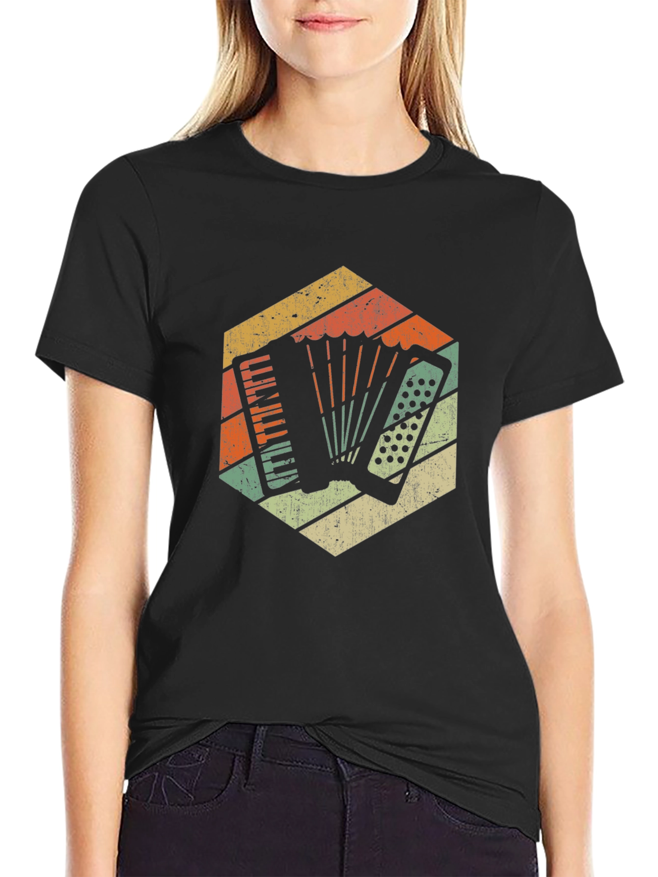 Black Vintage Accordion Retro Style T-Shirt view 2