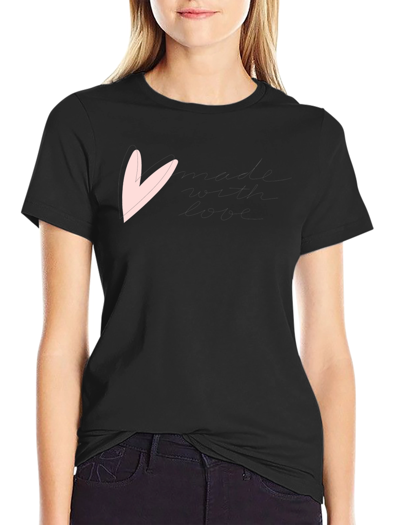 Black Men's Black T-Shirt with Pink Heart Graphic view 2