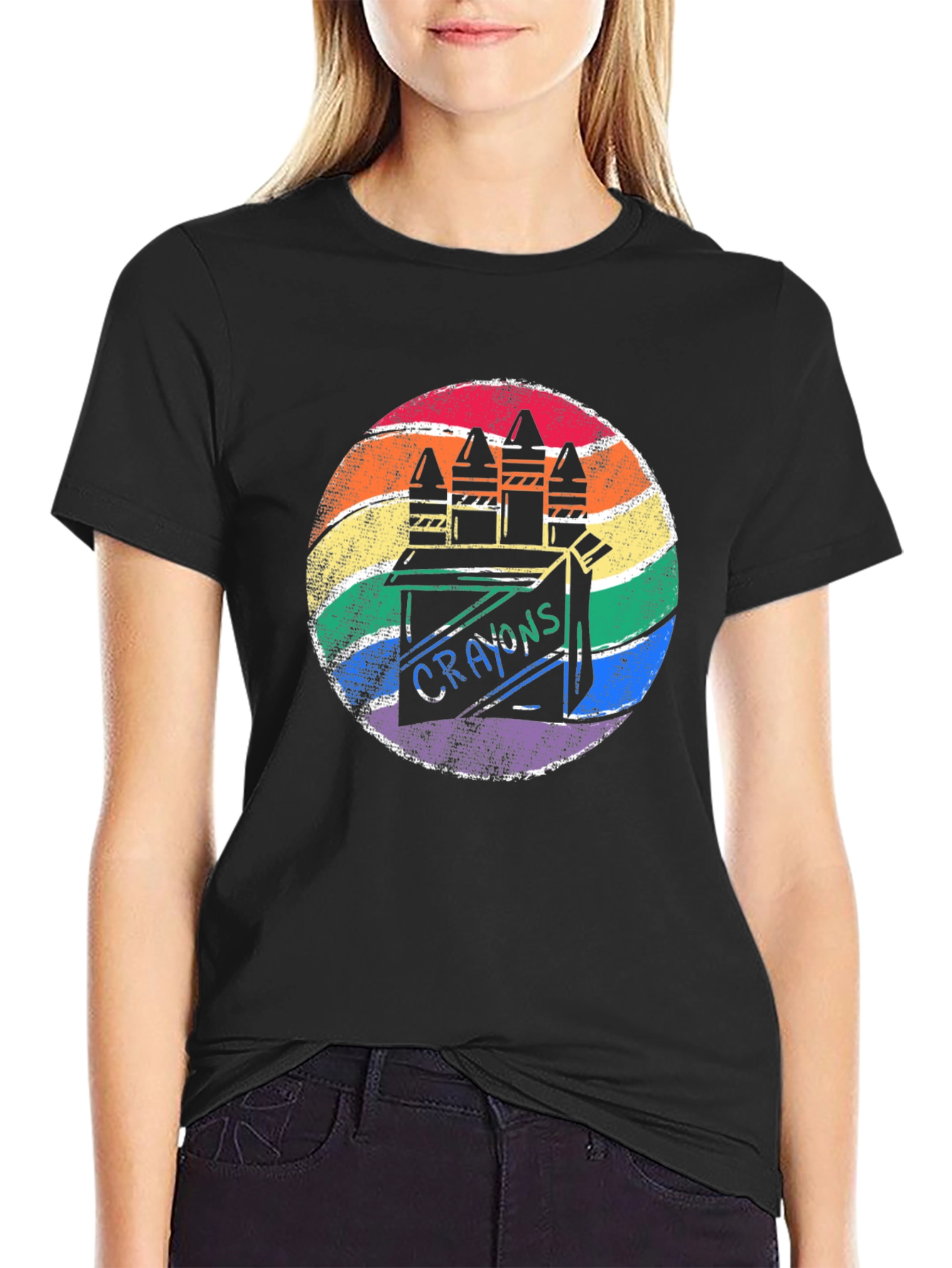 Black Retro Rainbow Crayon Box T-Shirt view 2