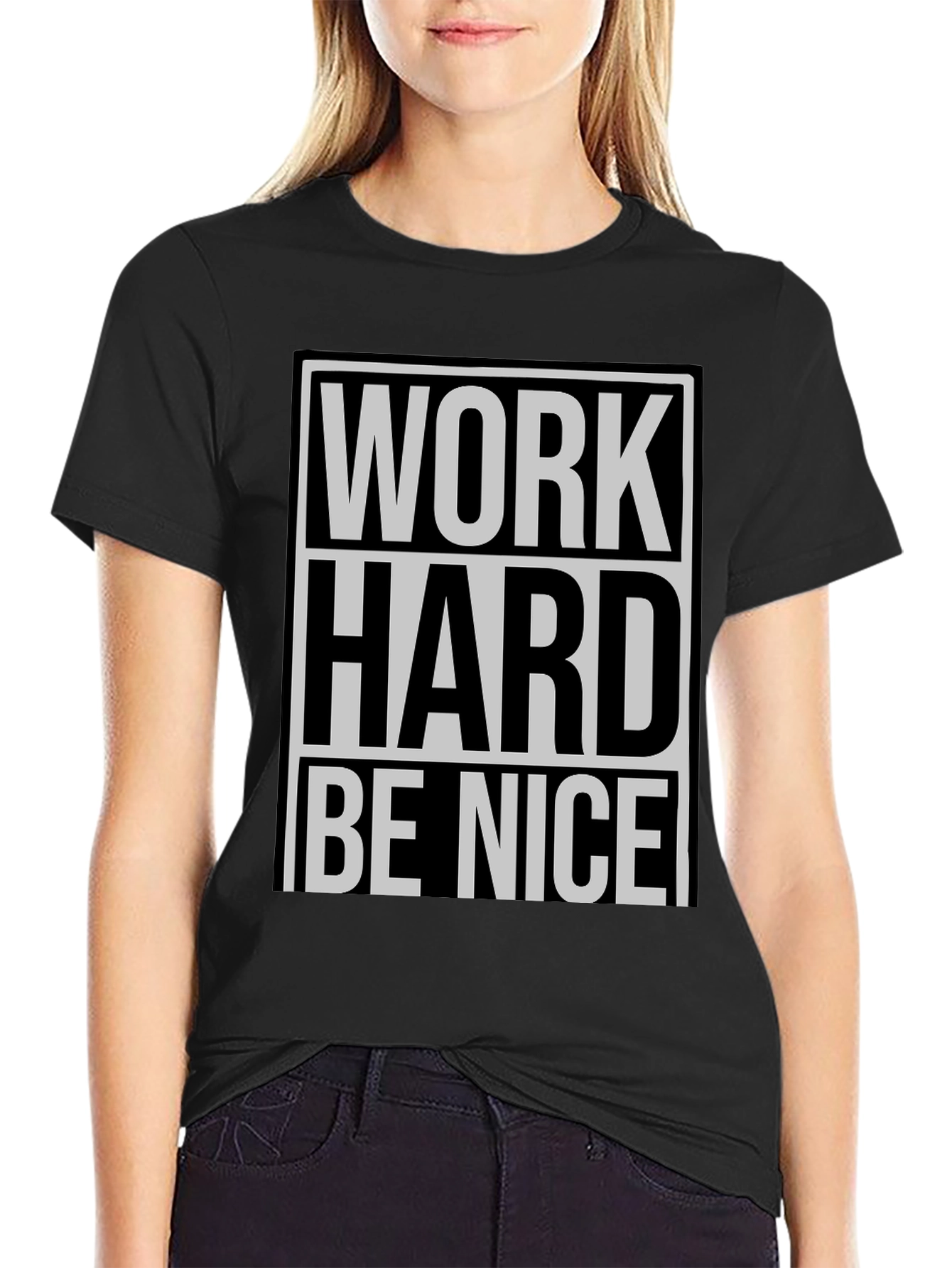 Black Work Hard Be Nice Graphic Tee - Black Casual T-Shirt view 2
