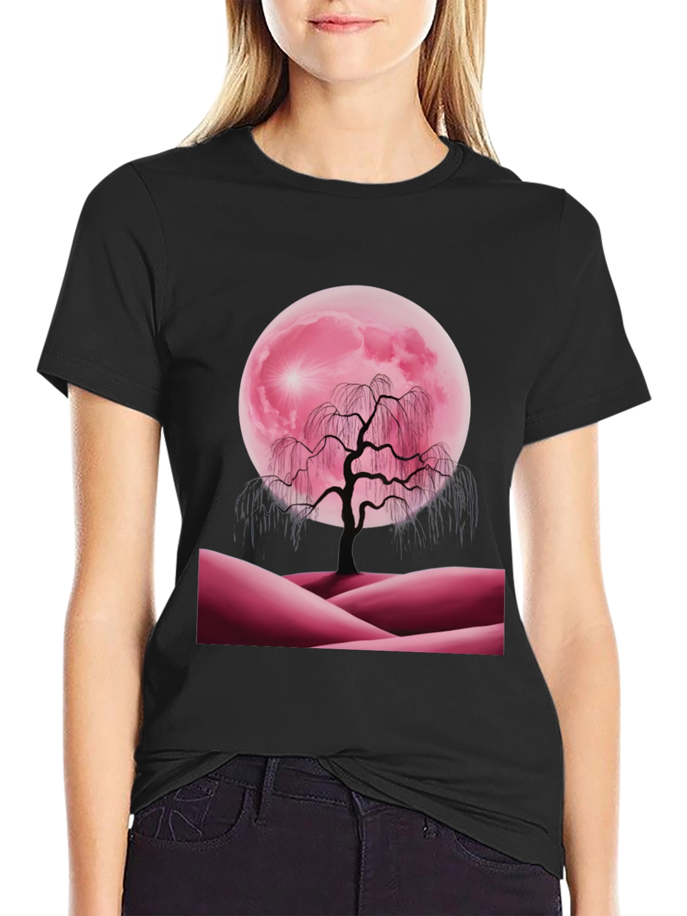 Black Pink Moon Tree Graphic Tee view 2