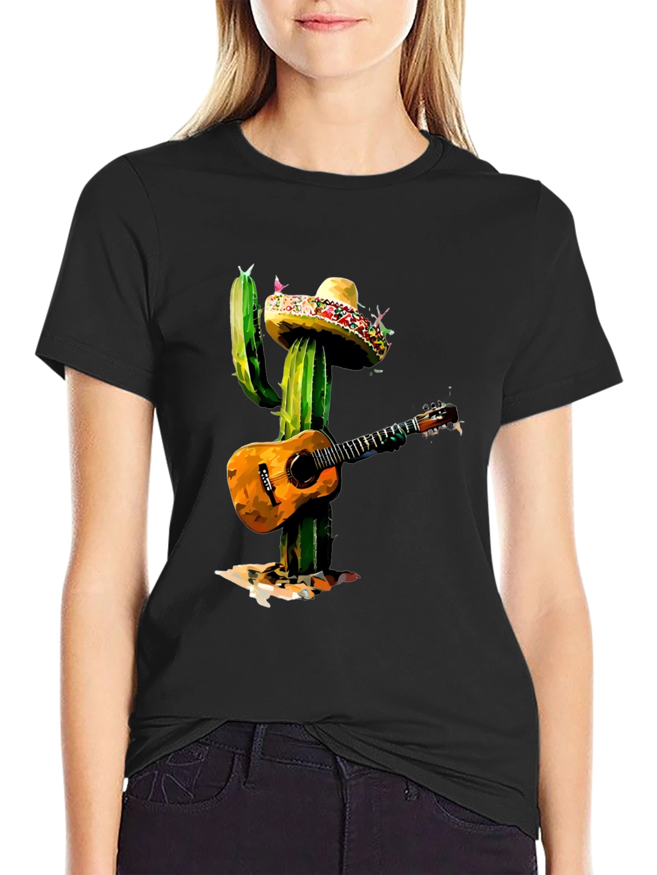 Black Cactus Mariachi T-Shirt - Guitar Playing Desert Plant Tee view 2