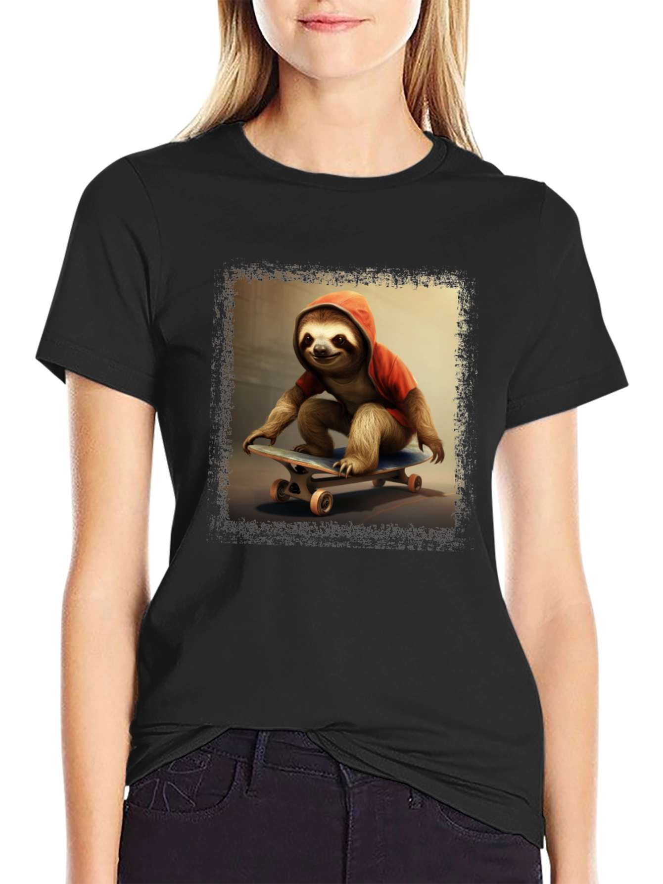 Black Sloth Skateboarder T-Shirt - Cool & Unique Design view 2