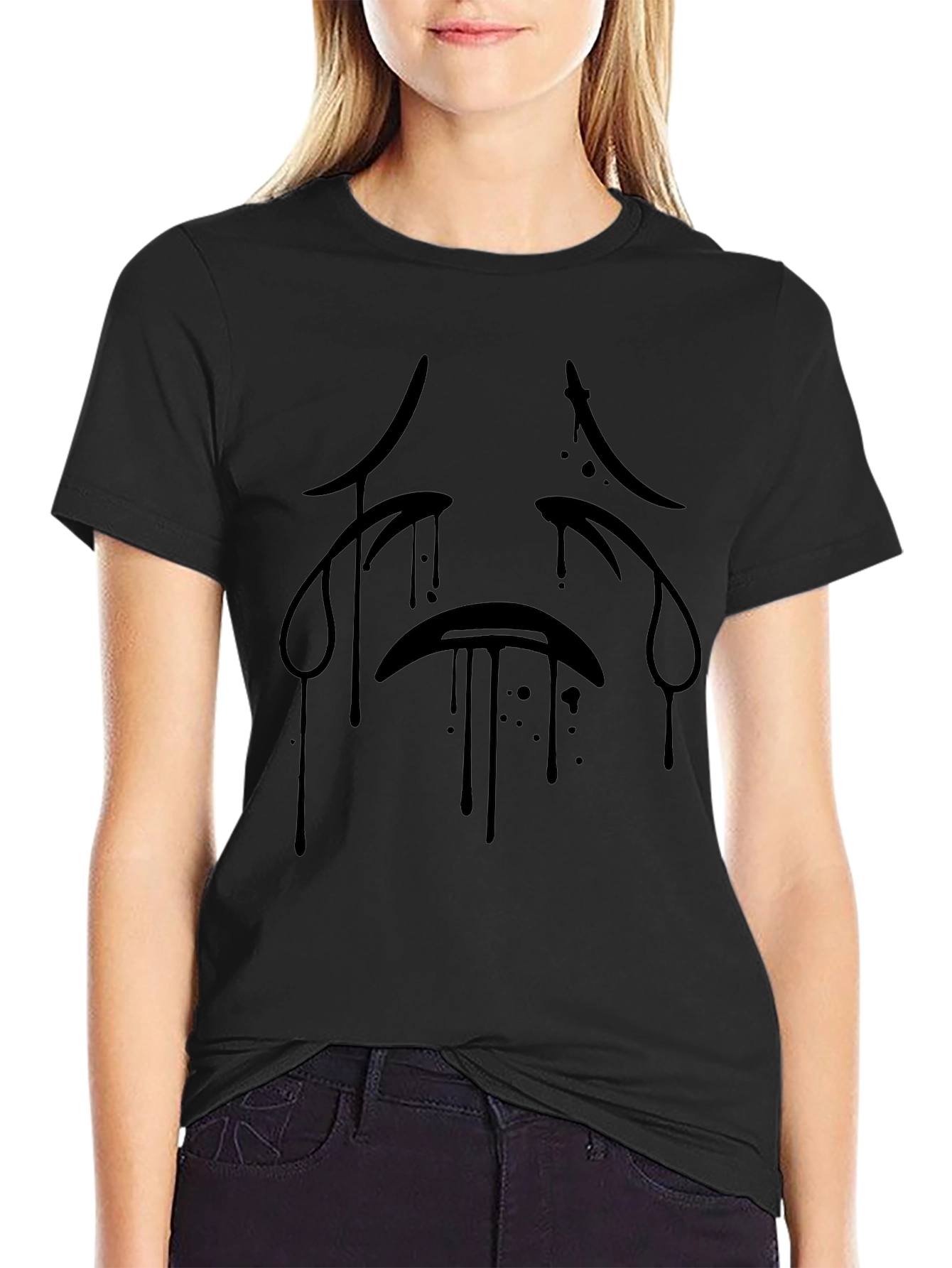 Black Sad Face Graphic Print T-Shirt - Men's Black Tee view 2