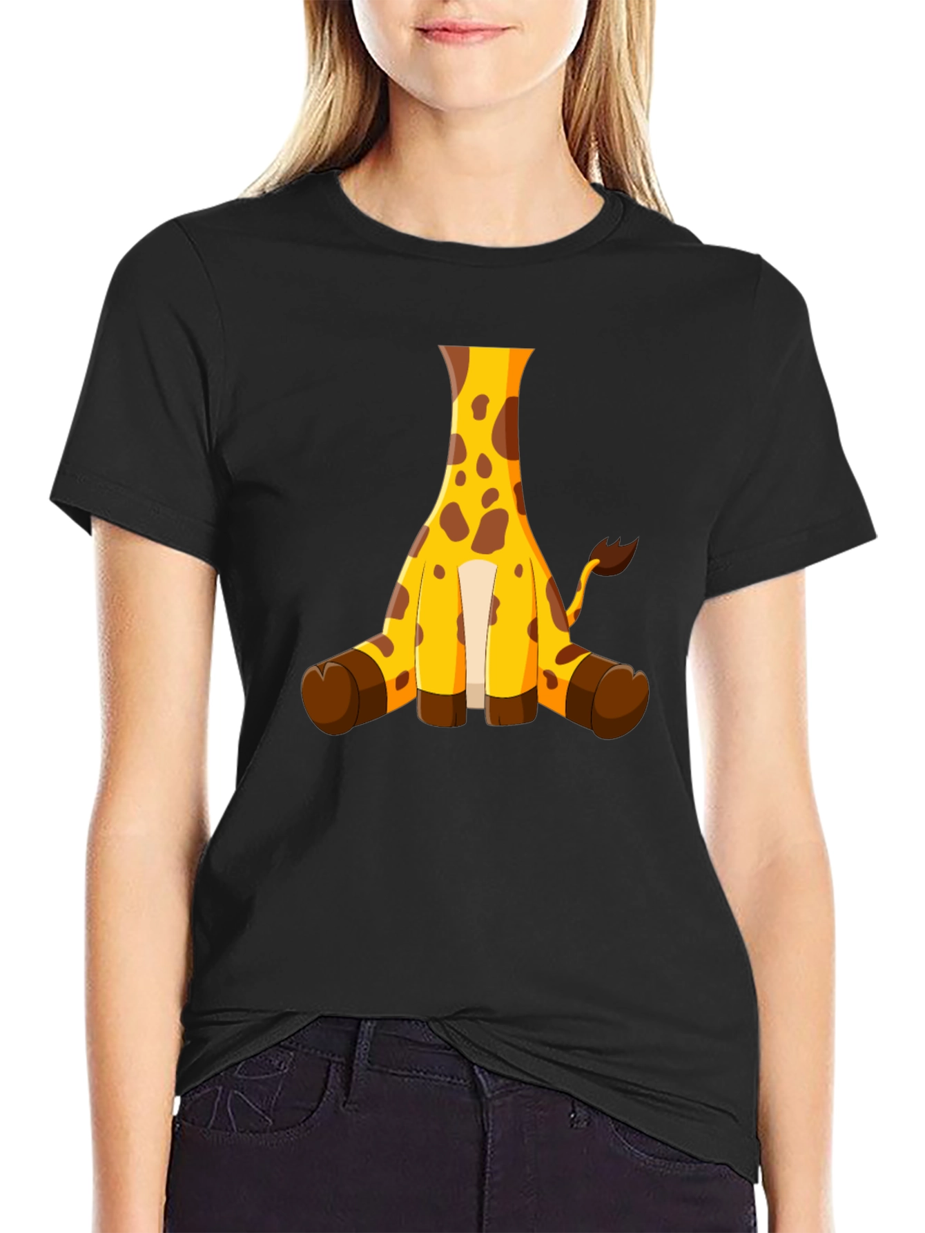 Black Giraffe Cartoon Black T-Shirt view 2