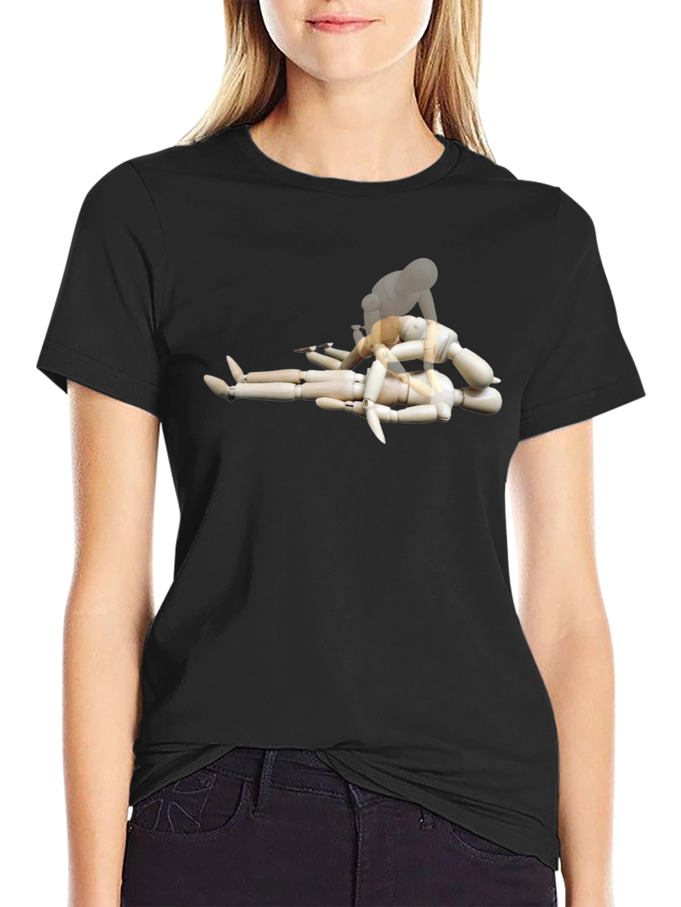 Black Man's Black Tee with Mannequin Pileup Graphic view 2