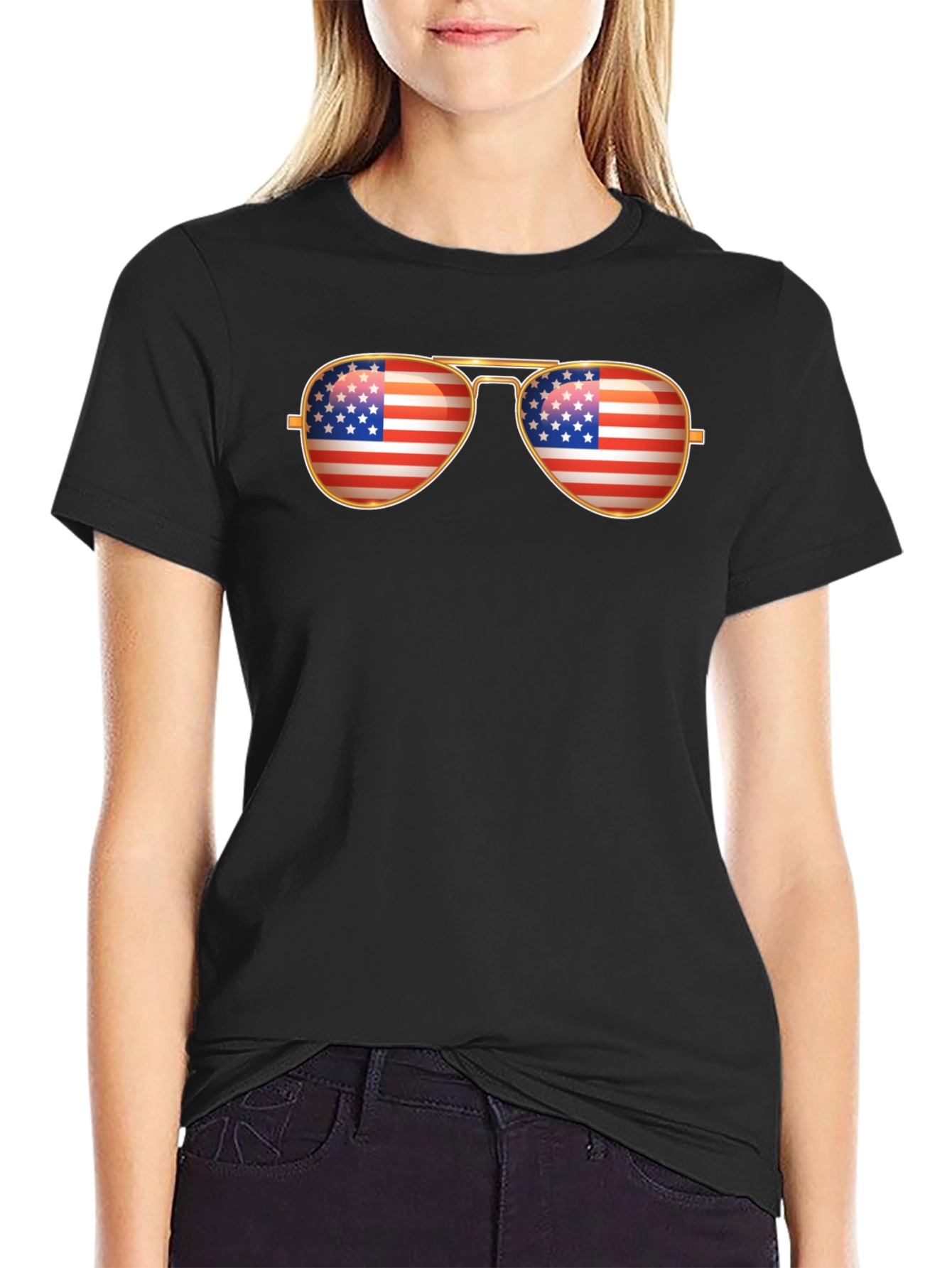 Black American Flag Aviator Sunglasses T-Shirt view 2