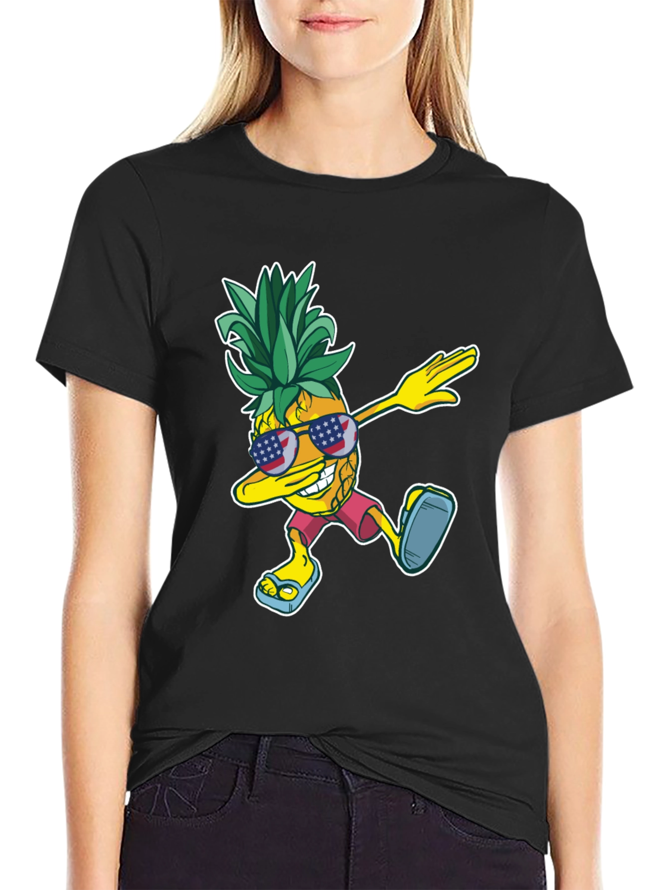 Black Dabbing Pineapple Graphic Tee - Patriotic Summer Style view 2