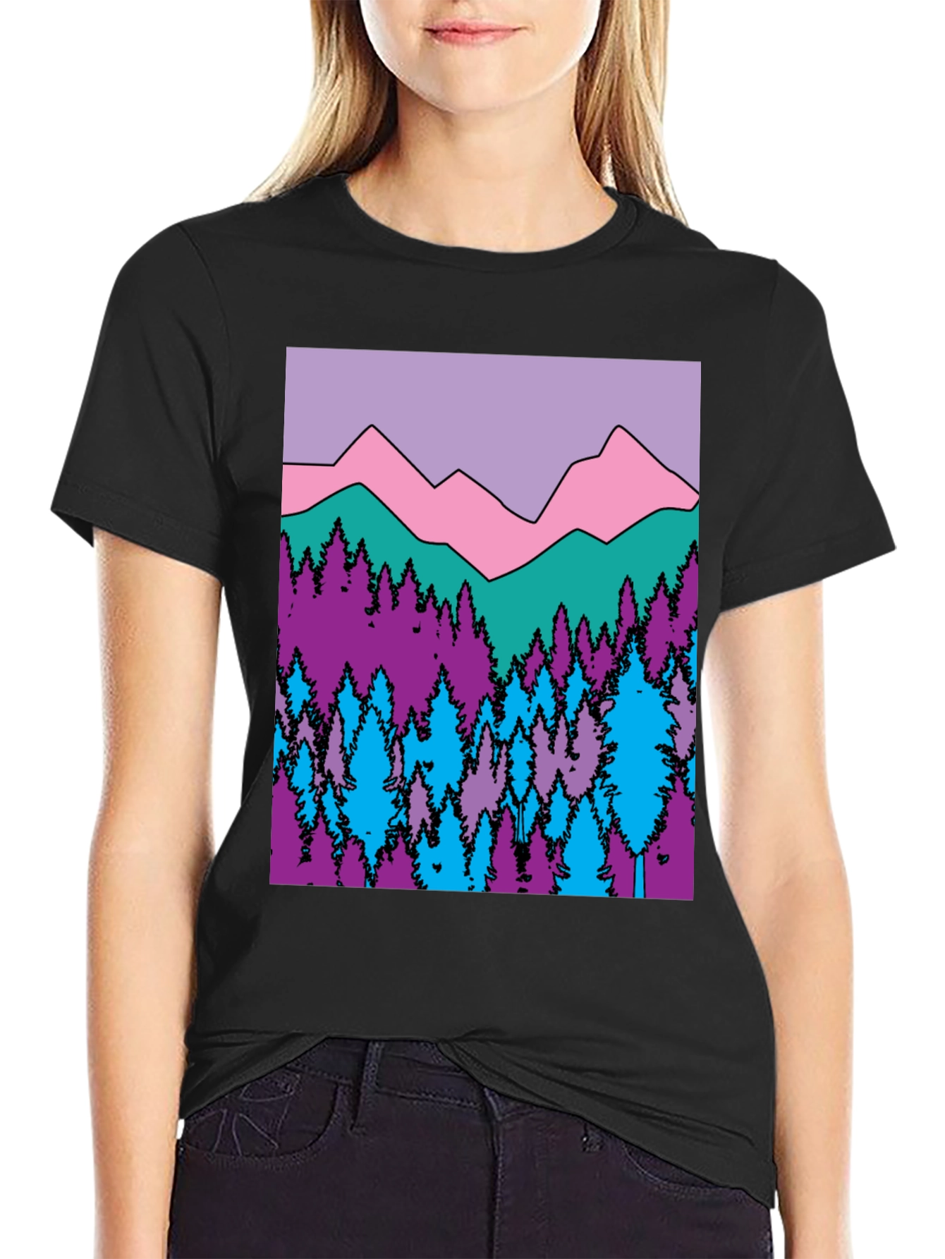 Black Mountains & Trees Graphic T-Shirt - Colorful Nature Design view 2