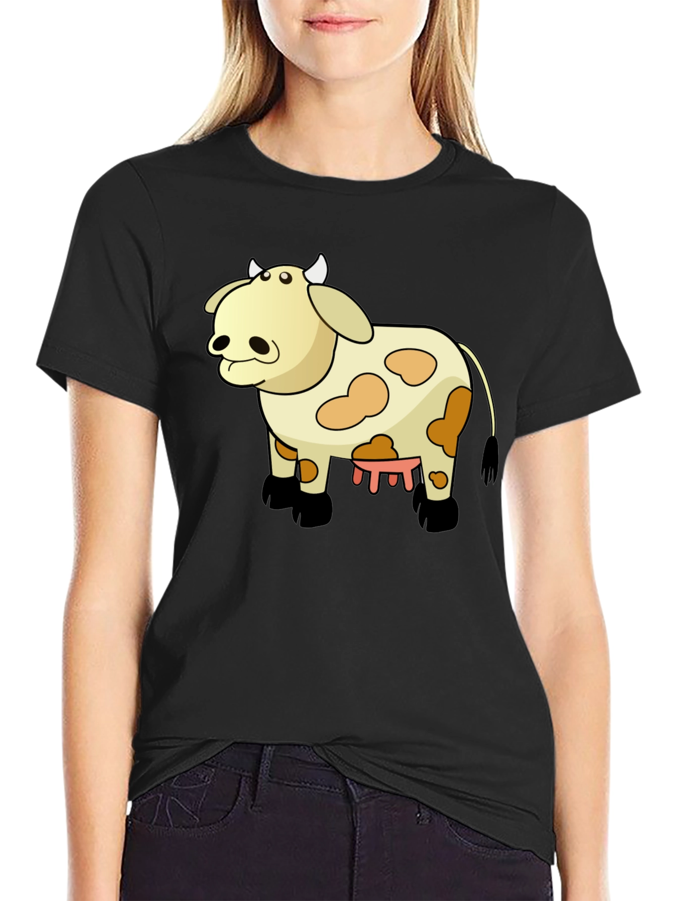 Black Funny Cow Cartoon Black T-Shirt view 2