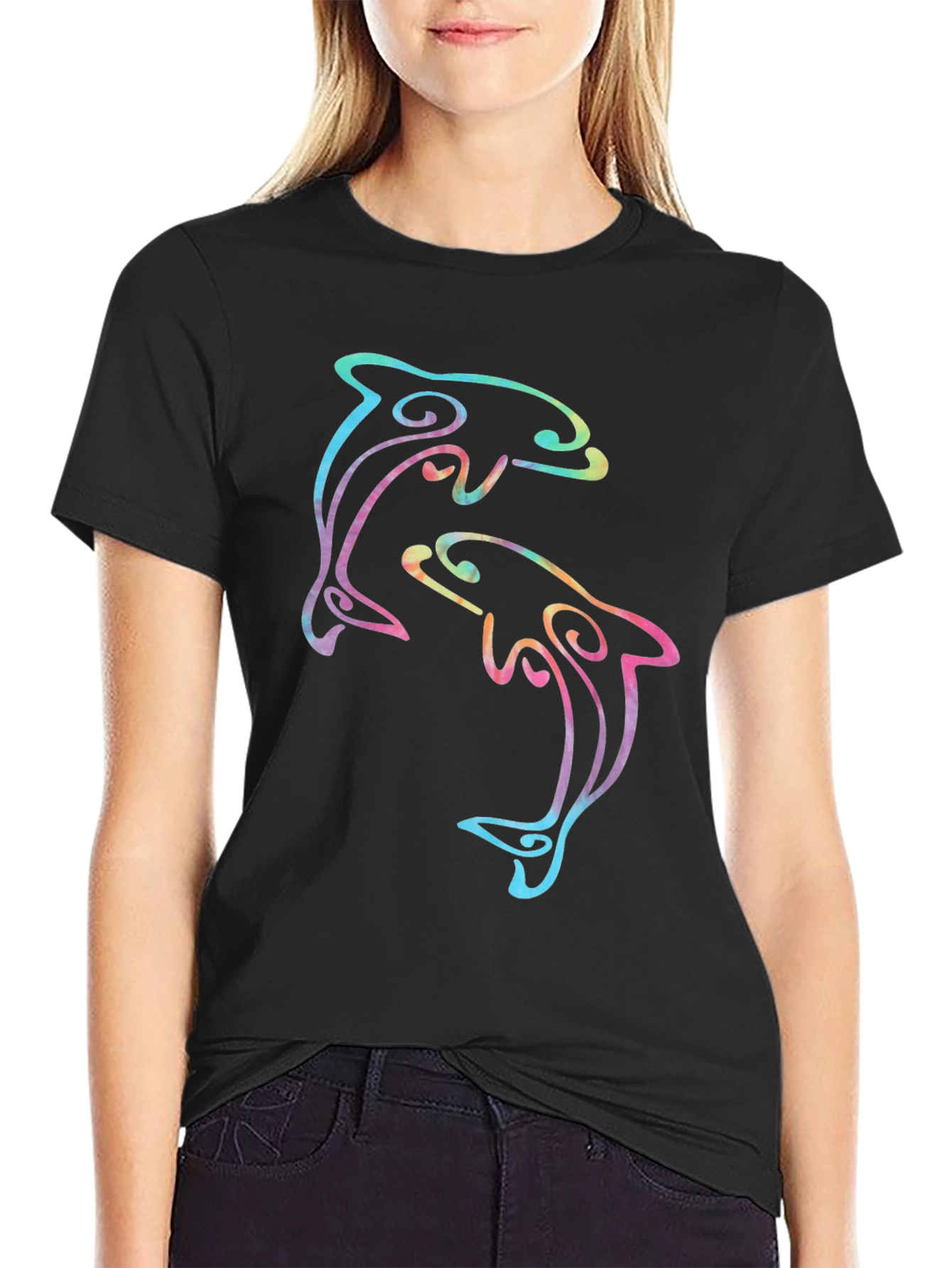 Black Dolphin Duo Black T-Shirt - Colorful Graphic Tee view 2