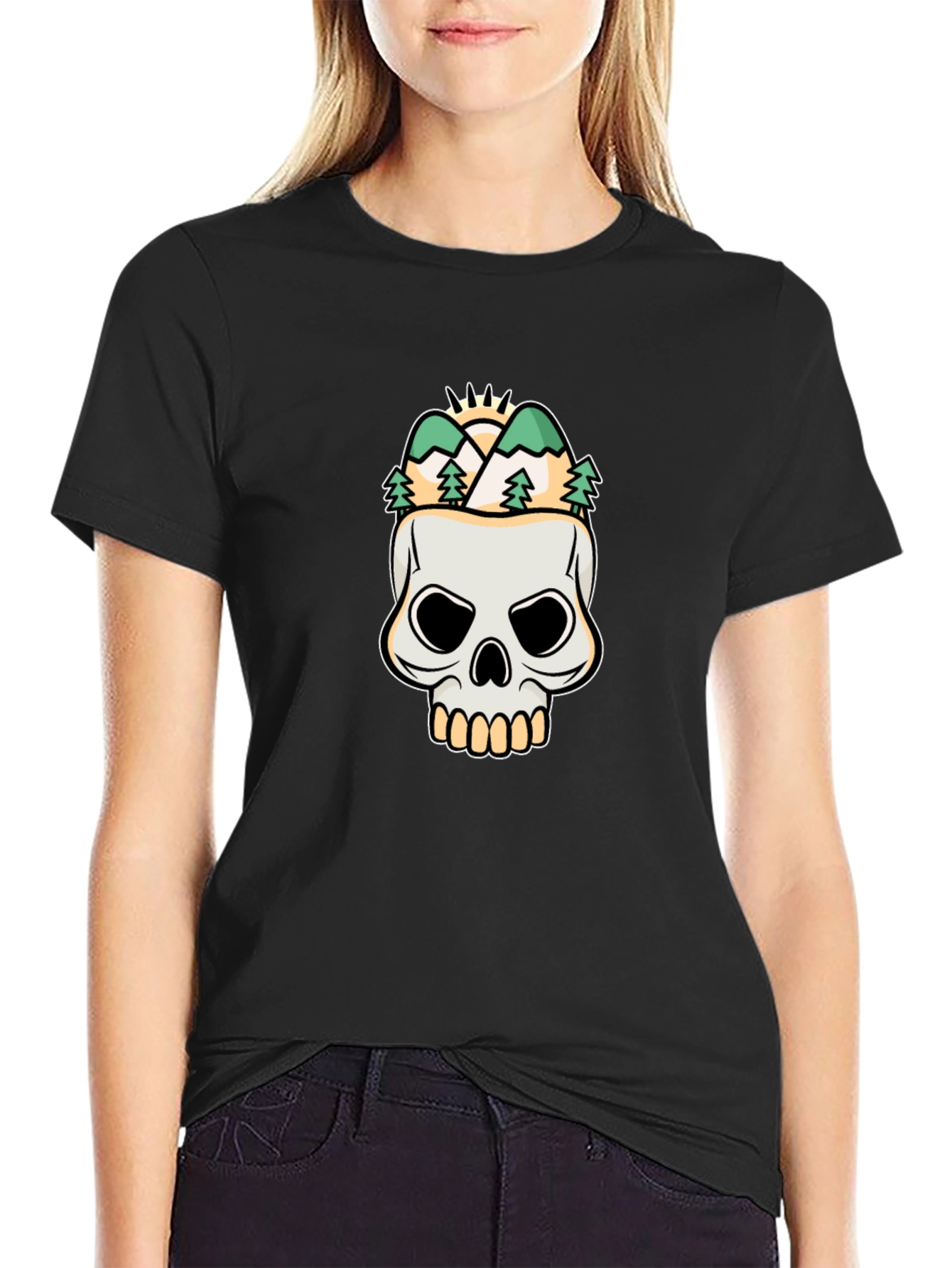 Black Skull & Mountain Graphic Tee - Stylish Black T-Shirt view 2