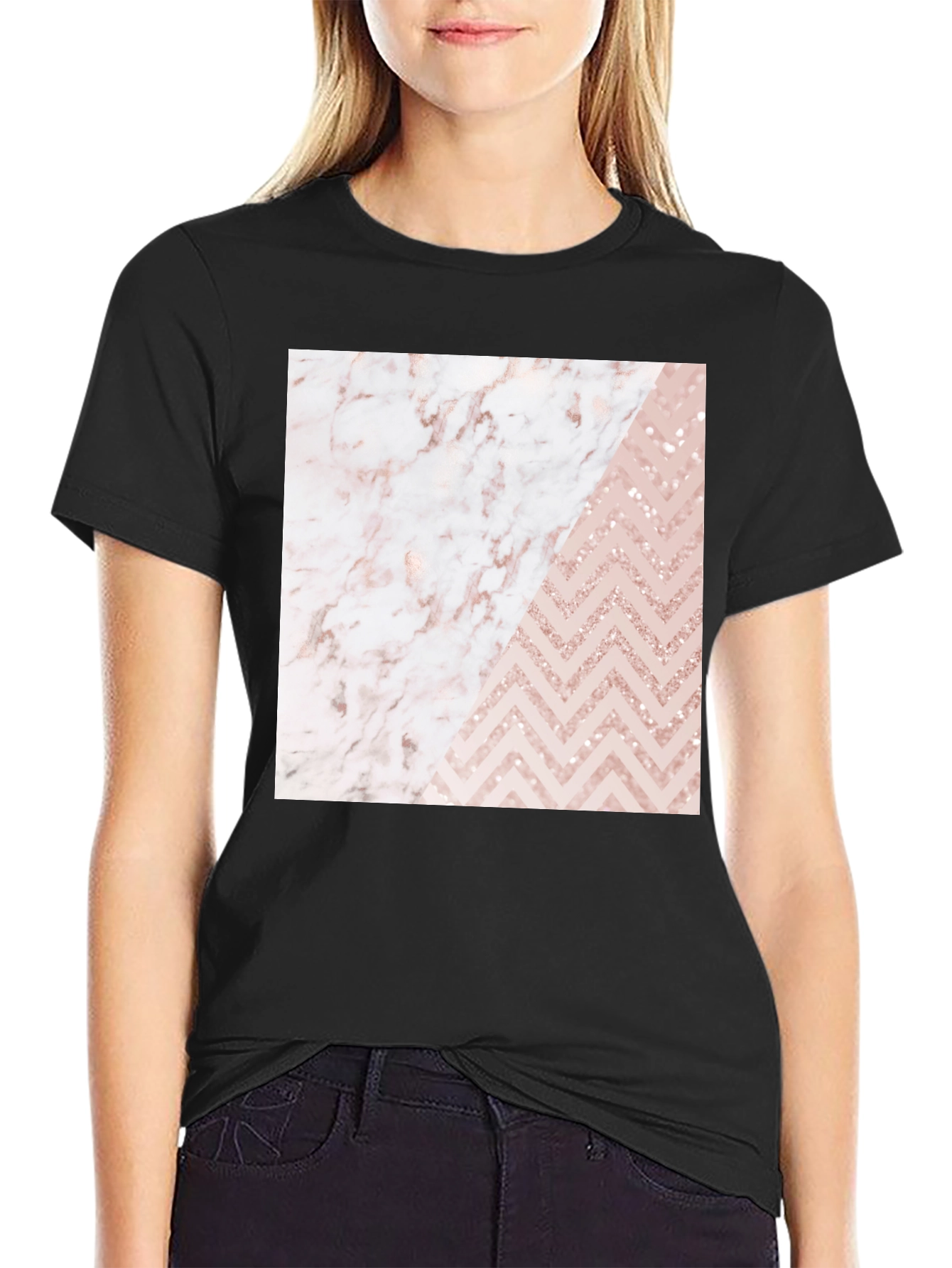 Black Modern Marble & Chevron Graphic T-Shirt view 2