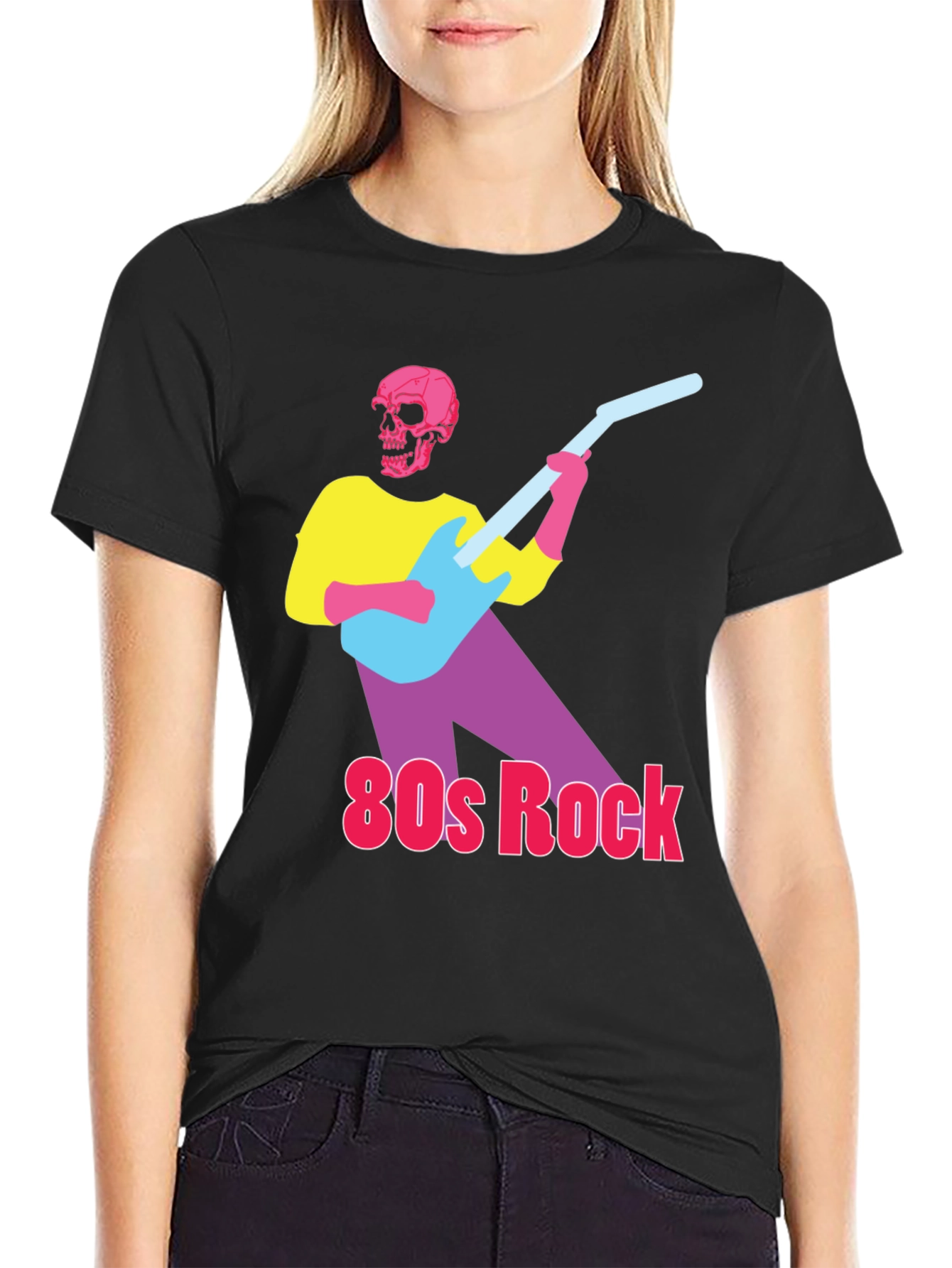 Black 80s Rock Skeleton Guitarist Graphic Tee view 2