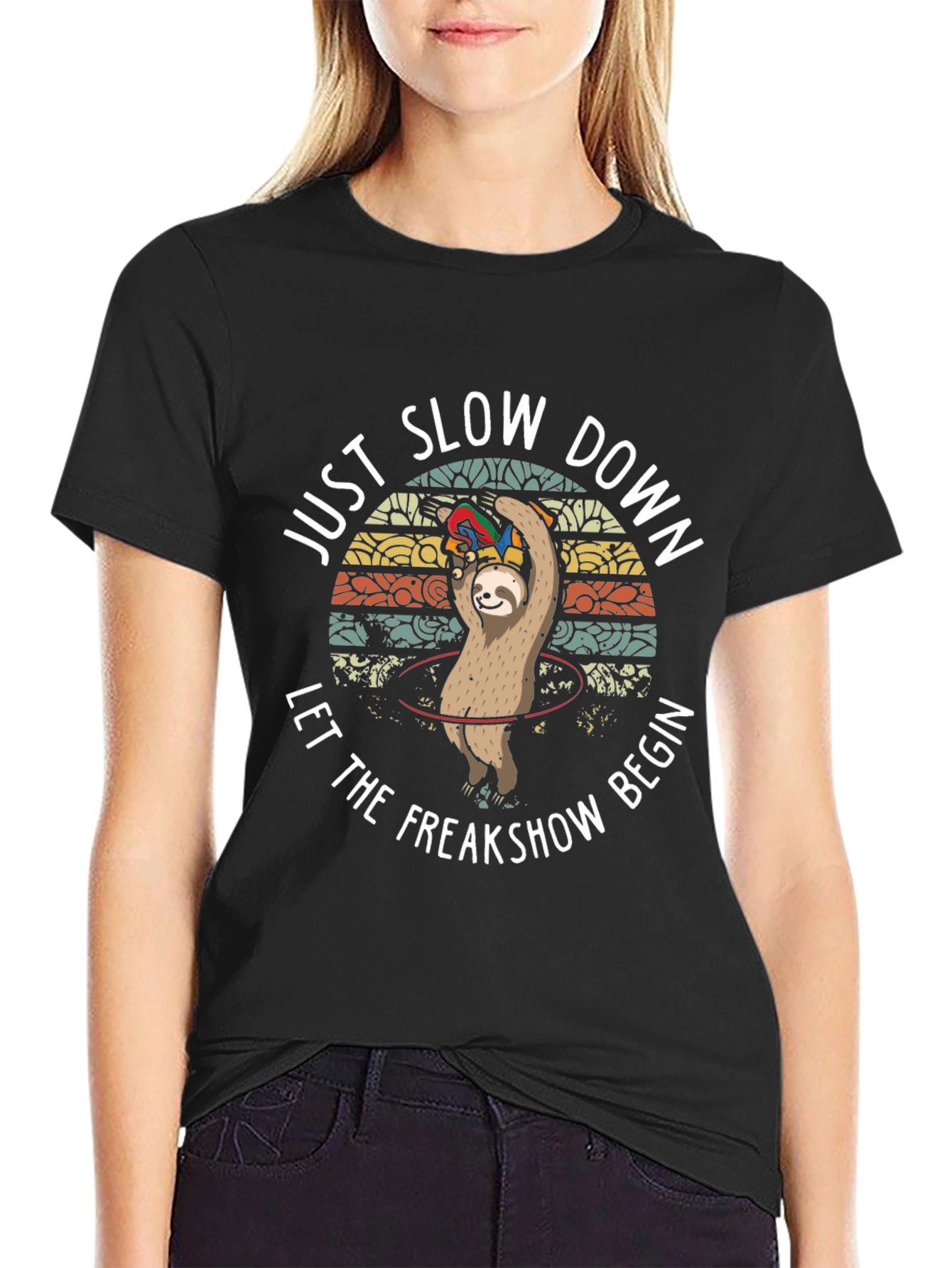 Black Just Slow Down Sloth T-Shirt view 2
