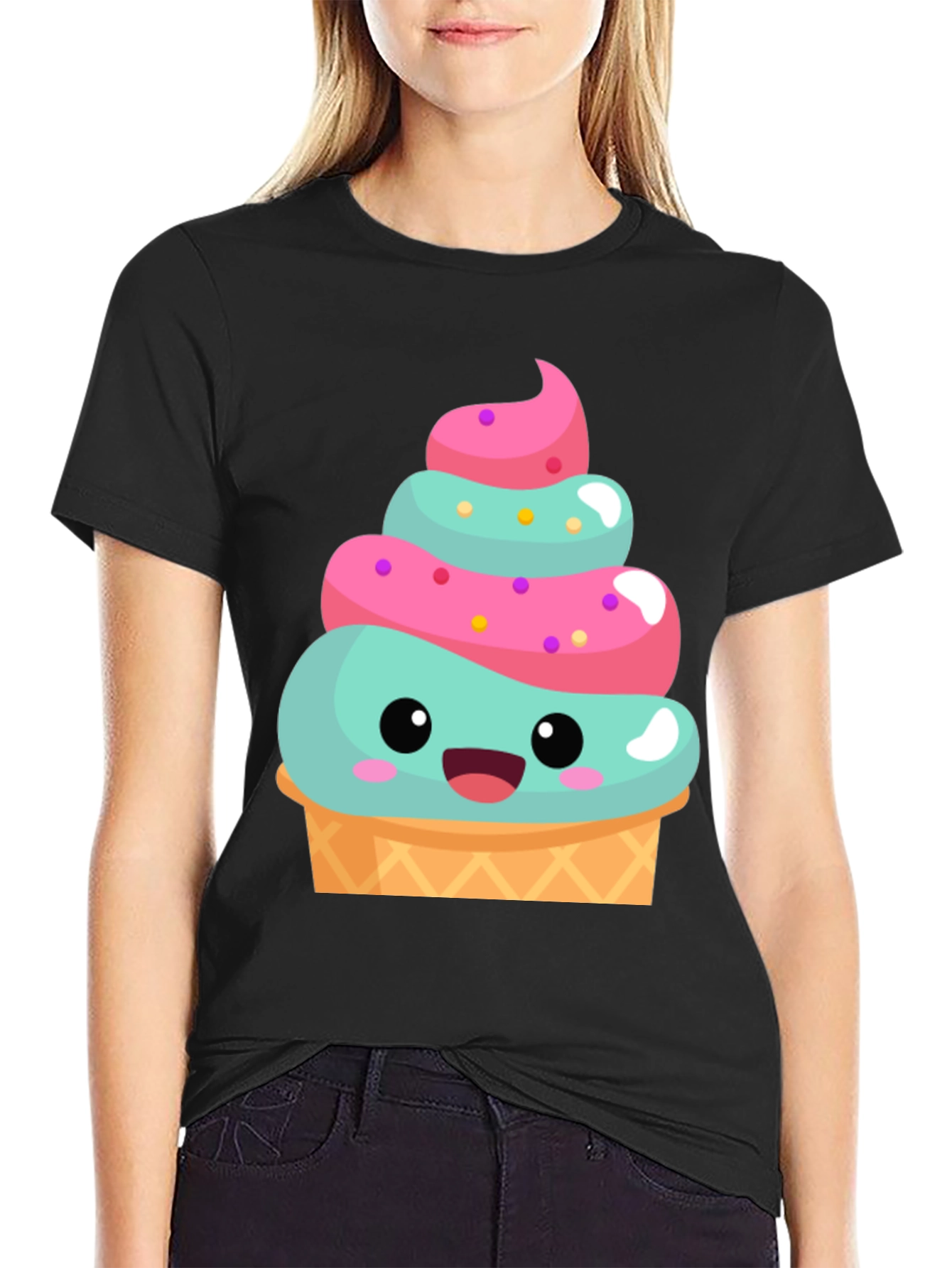 Black Cute Ice Cream Cone Graphic Tee - Fun Summer Shirt view 2