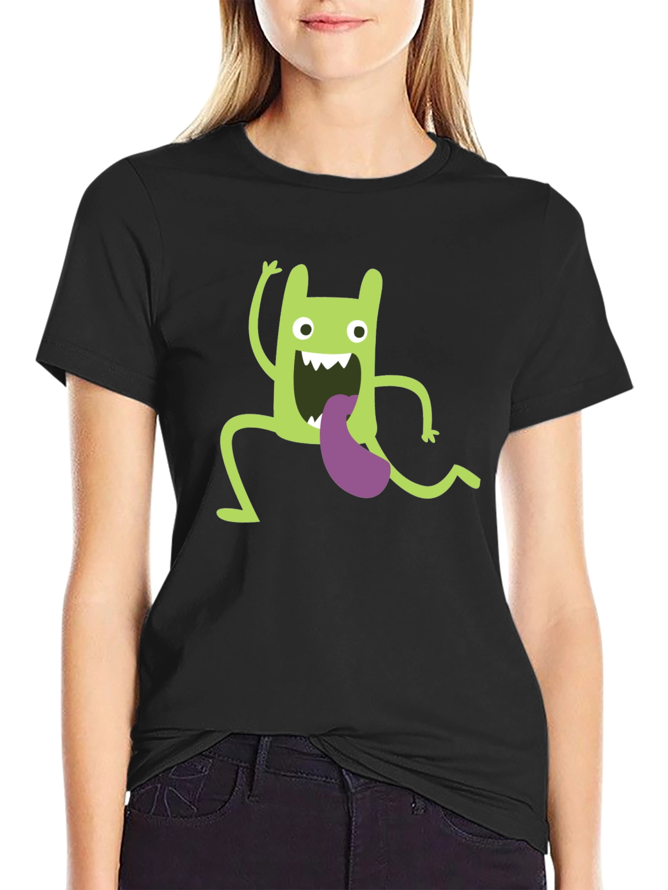 Black Funny Green Monster Graphic T-Shirt view 2